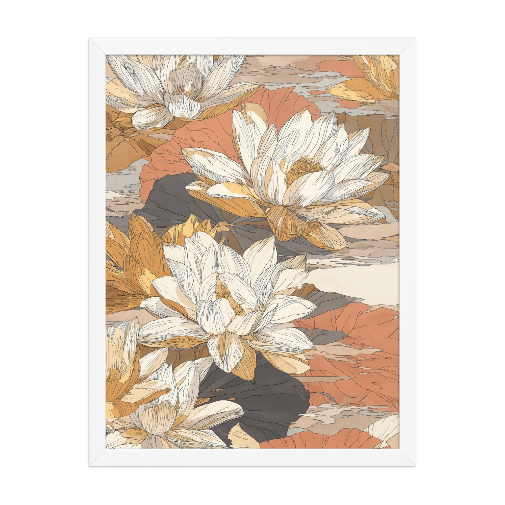 enhanced-matte-paper-framed-poster-in-white-18x24-front-68f922f462075.jpg Lotus Blossom Pattern — Warm Terracotta Floral Wall Art — Framed Poster - Image 19