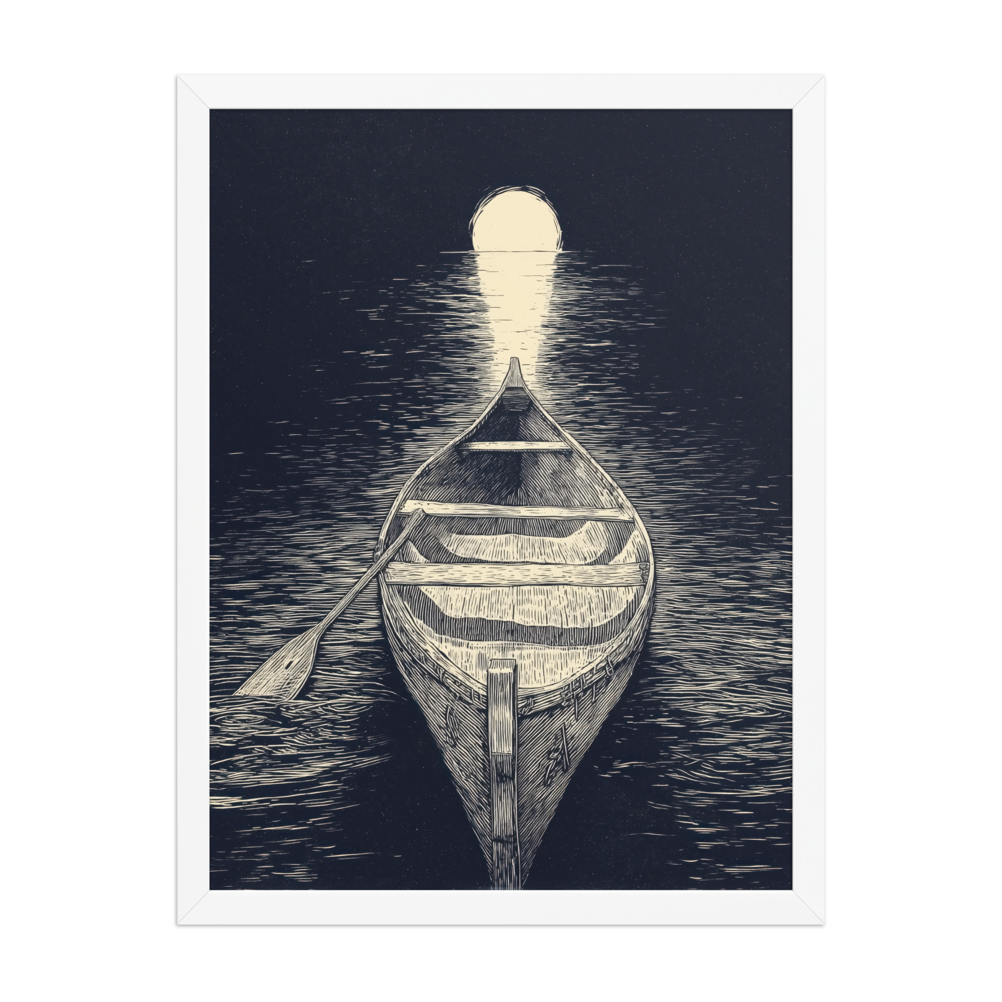 enhanced-matte-paper-framed-poster-in-white-18x24-front-68f9cc5aaae18.jpg Moonlit Canoe — Woodcut Night Lake Wall Art — Framed Poster - Image 14