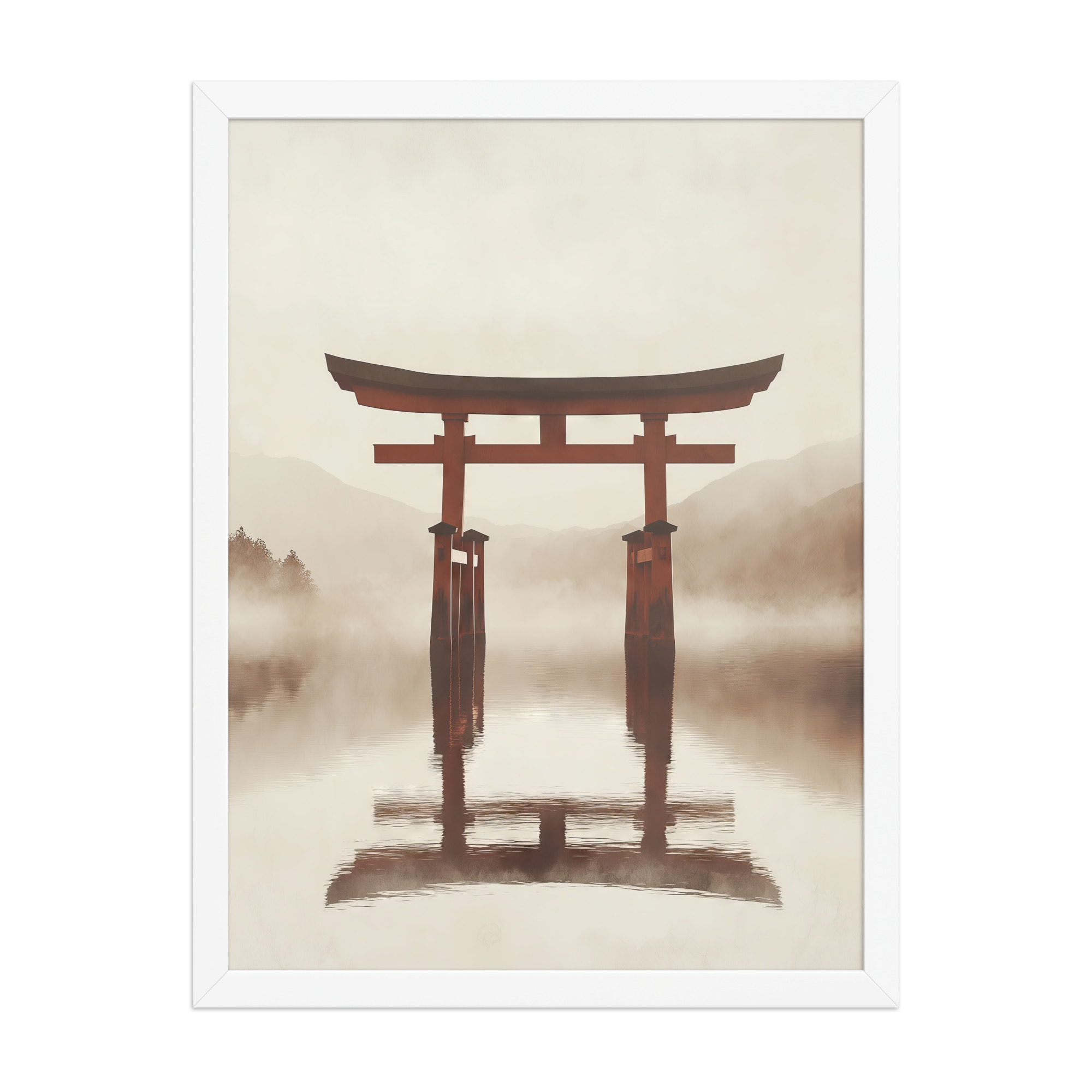 enhanced-matte-paper-framed-poster-in-white-18x24-front-68f9cfe6718d5.jpg Torii Reflections — Minimal Misty Lake Wall Art — Framed Poster - Image 22