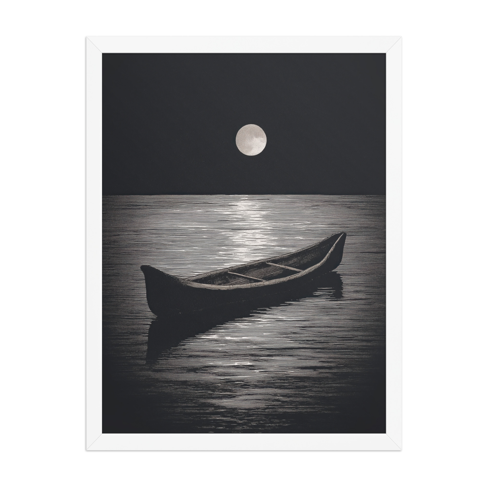 enhanced-matte-paper-framed-poster-in-white-18x24-front-68f9d0a4e5fe2.jpg Moonlit Canoe II — Minimal Silver Moon Night Wall Art — Framed Poster - Image 22