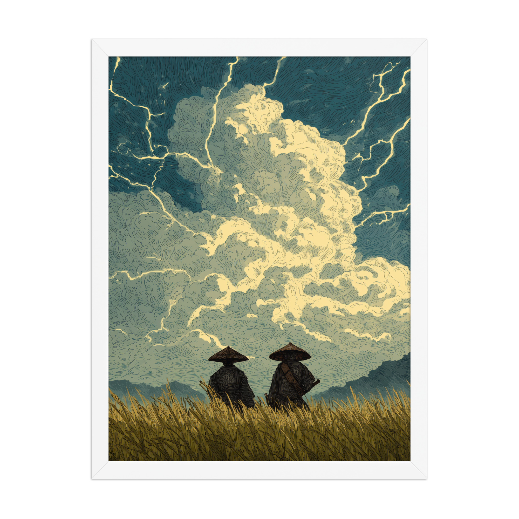 enhanced-matte-paper-framed-poster-in-white-18x24-front-68f9f1a39d6db.jpg Before the Storm – Ukiyo-e Samurai Watchers Landscape Wall Art – Framed Poster - Image 19