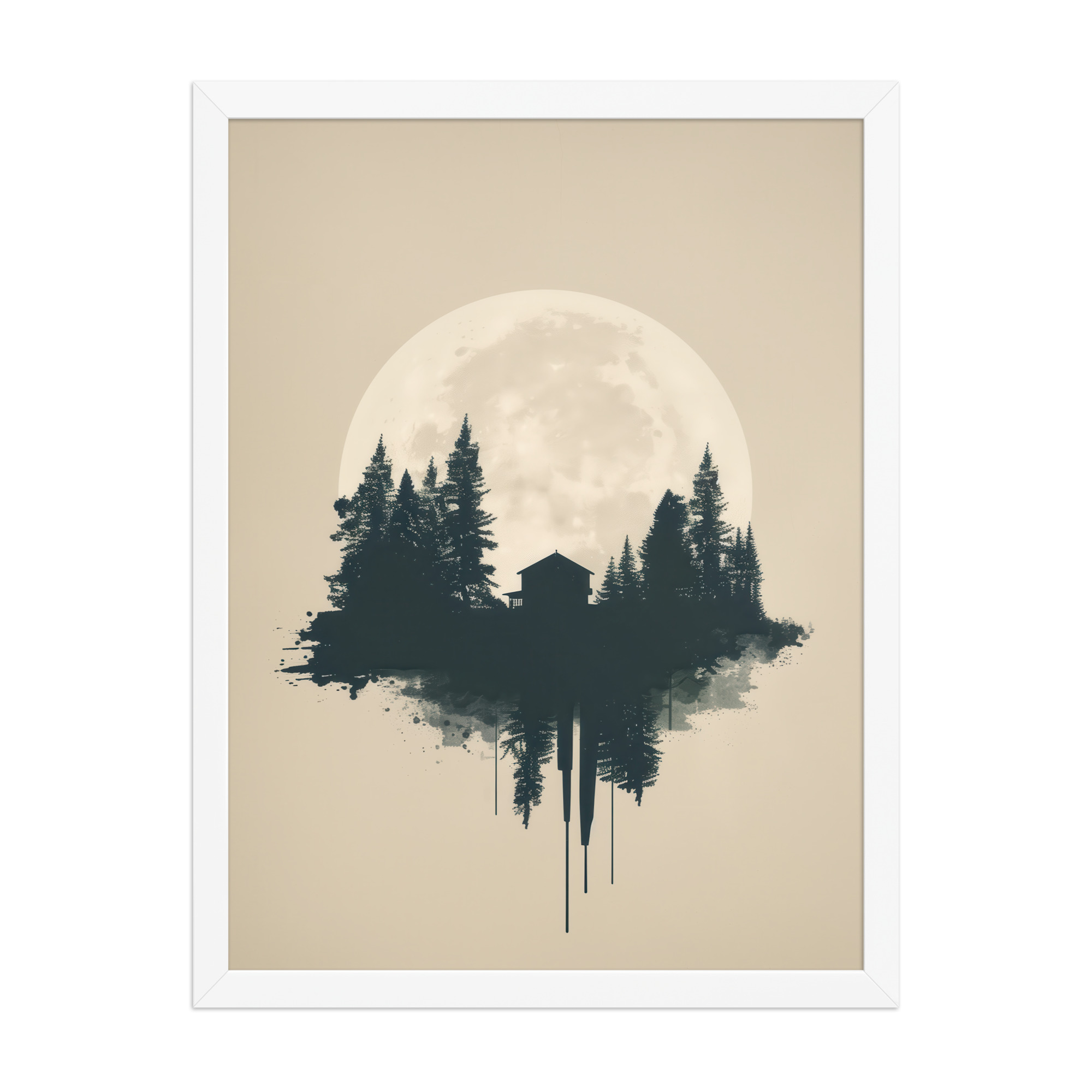 enhanced-matte-paper-framed-poster-in-white-18x24-front-68f9ff049b050.jpg Full Moon Shelter — Minimalistic Forest House Wall Decor — Framed Poster - Image 16