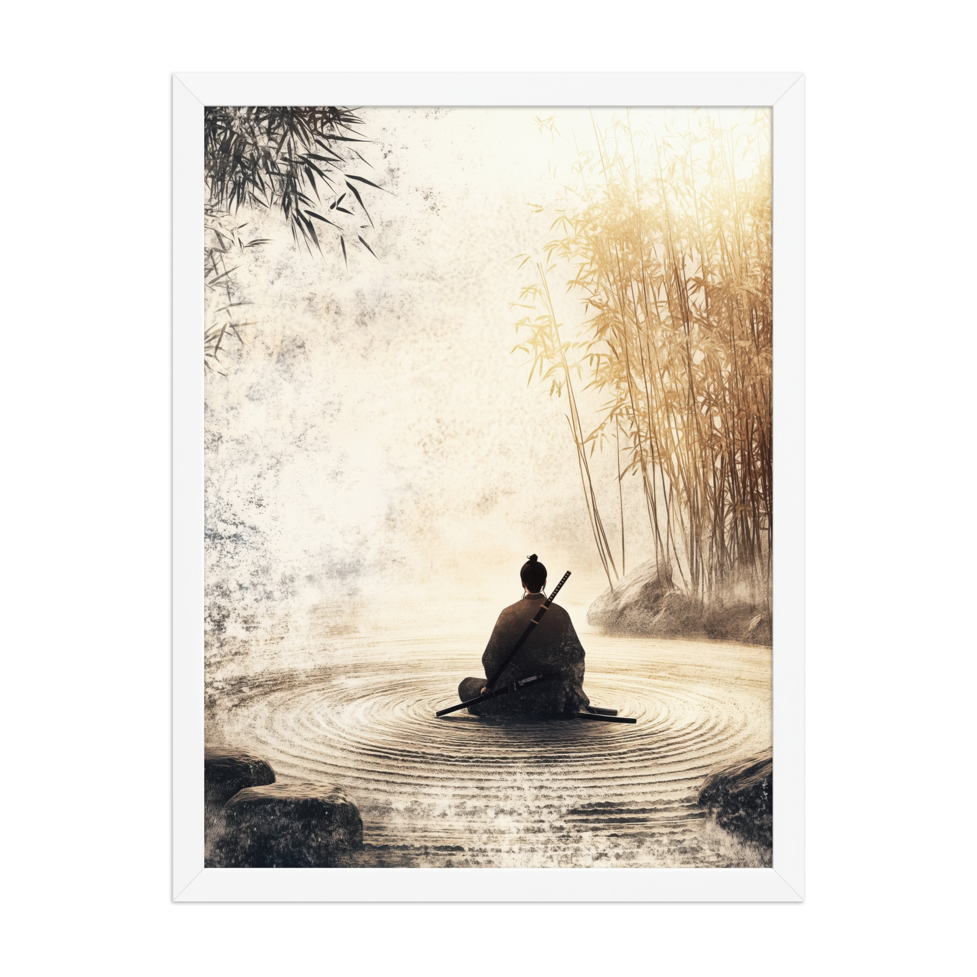 enhanced-matte-paper-framed-poster-in-white-18x24-front-68fa162ed2b33.jpg Zen Samurai in Bamboo Light – Neutral Sumi-e Ink Samurai Meditation Wall Art – Framed Poster - Image 16