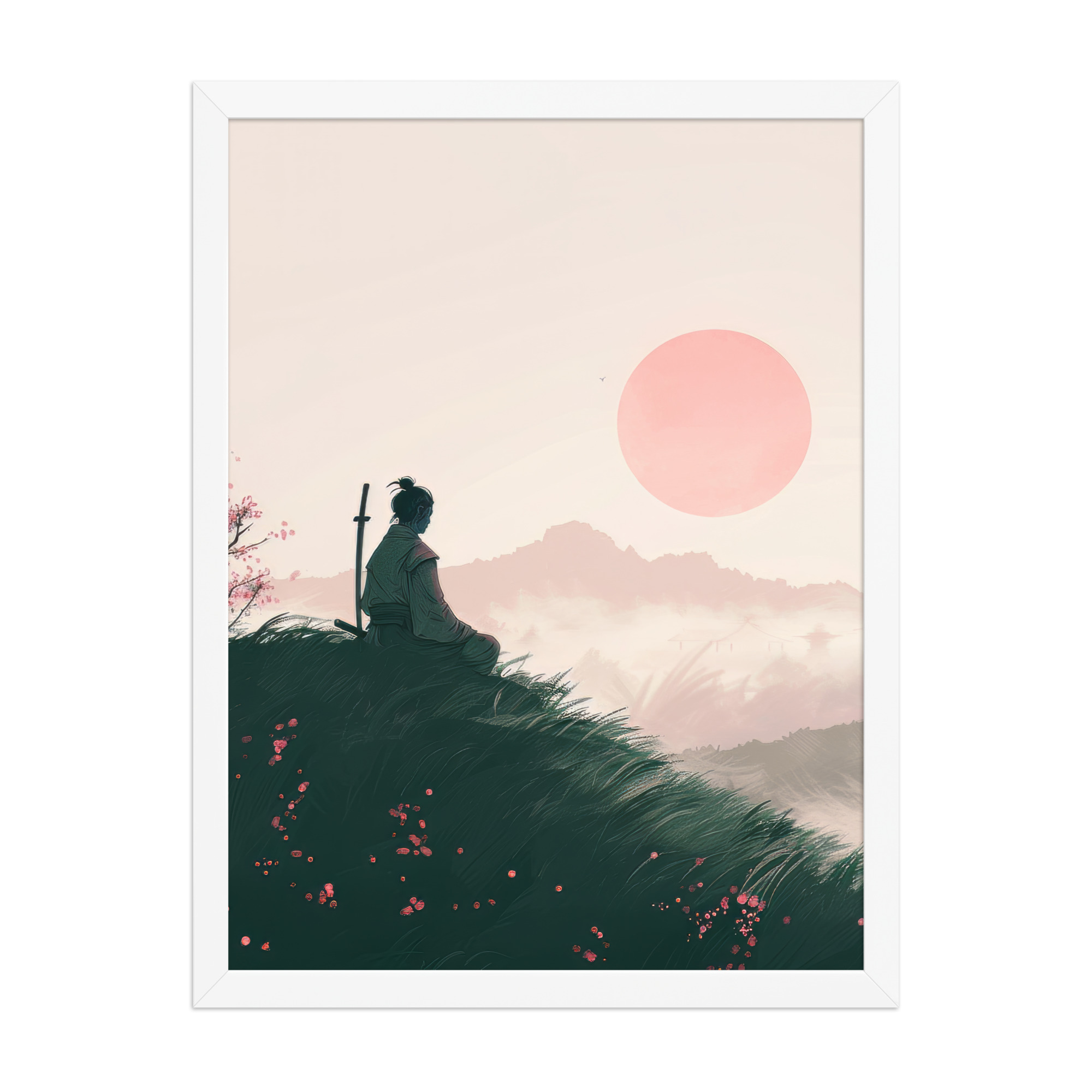enhanced-matte-paper-framed-poster-in-white-18x24-front-68fa167397a0a.jpg Samurai at Dawn – Pink Sun Over Hills Quiet Strength at Daybreak Wall Decor – Framed Poster - Image 19