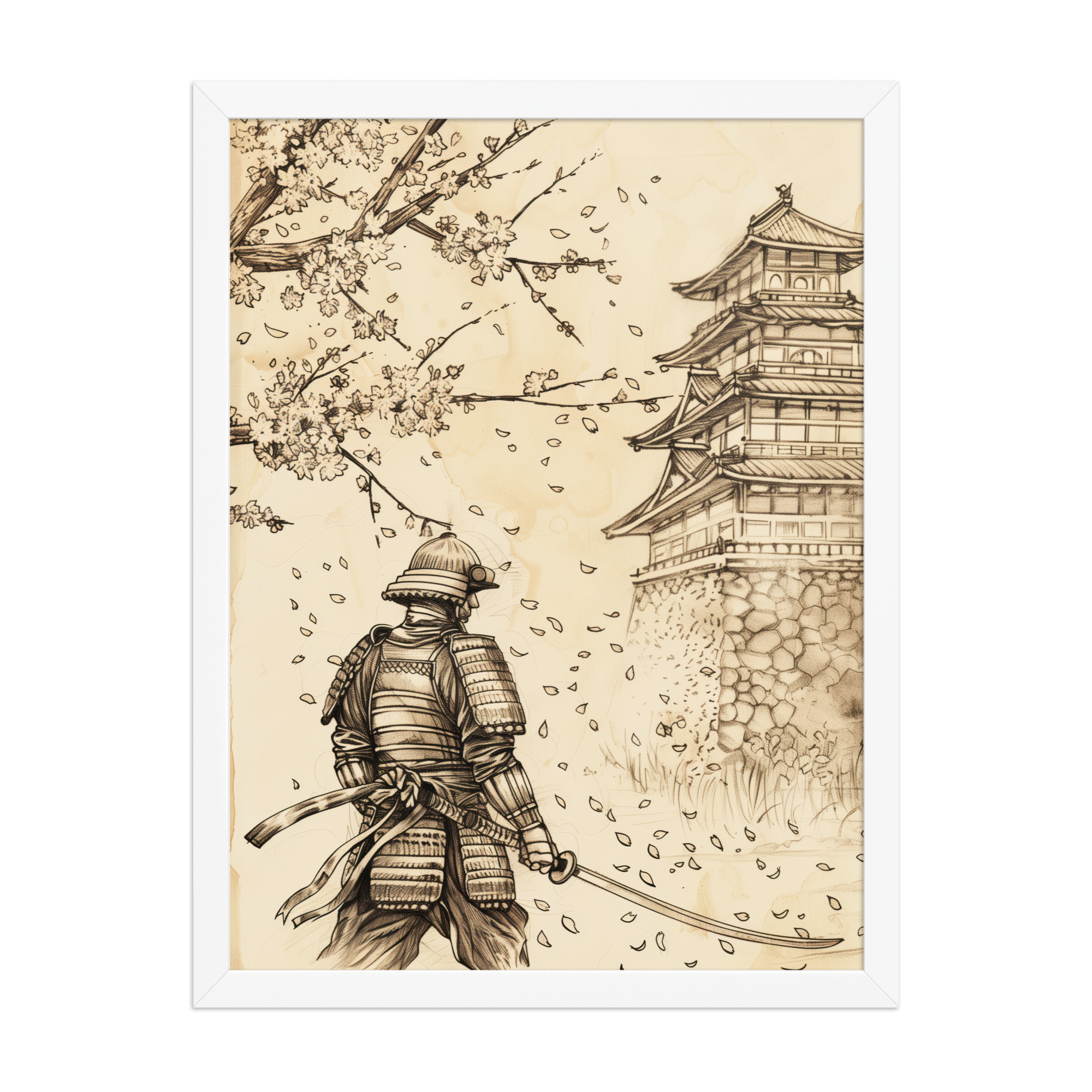 enhanced-matte-paper-framed-poster-in-white-18x24-front-68fa21f40257b.jpg Samurai Under Cherry Blossoms – Castle Breeze and Falling Petals Wall Art – Framed Poster - Image 7