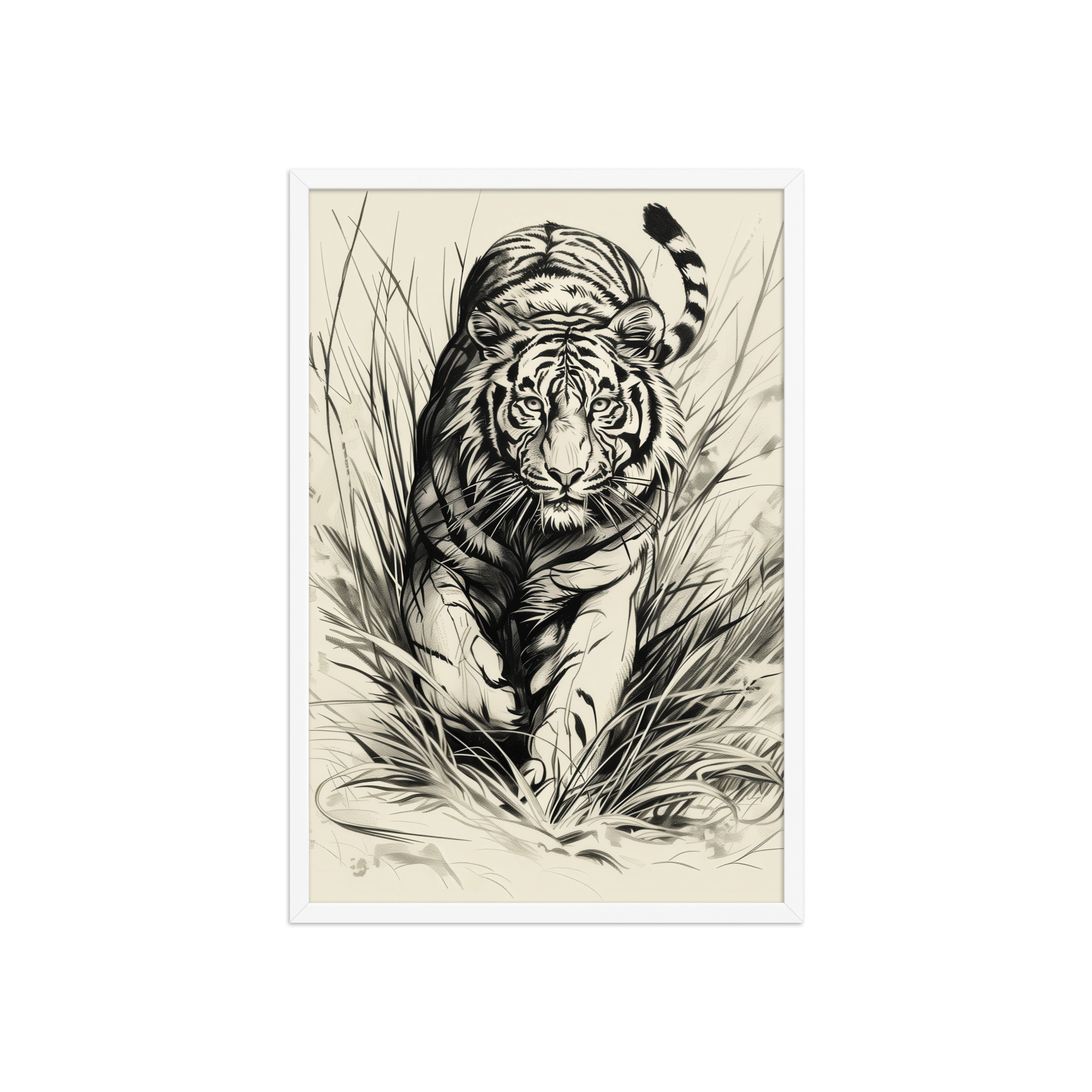 enhanced-matte-paper-framed-poster-in-white-20x30-front-68f89b4893dd1.jpg Tiger in Brush — Monochrome Ink Bengal Tiger Wall Art — Framed Poster - Image 11