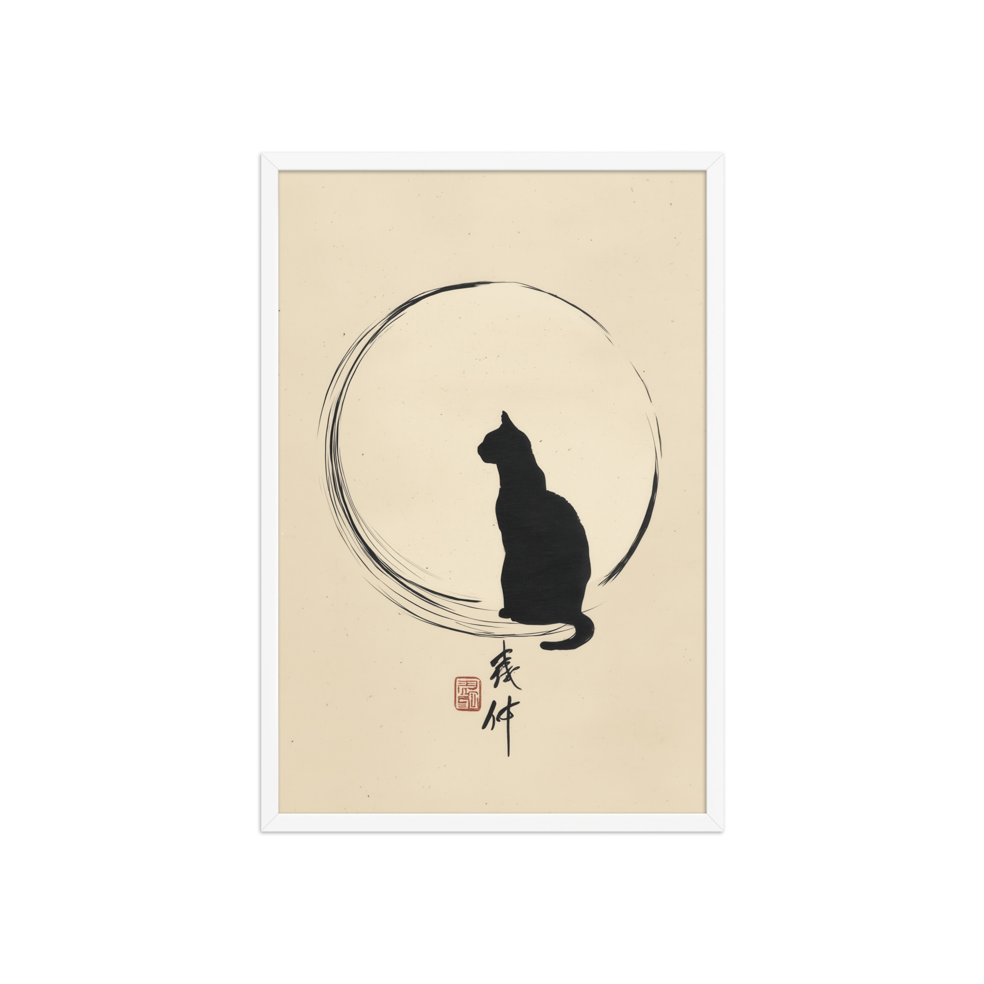 enhanced-matte-paper-framed-poster-in-white-20x30-front-68f8bc8e6841e.jpg Moonlit Cat — Minimal Cat with Enso Circle in Black Ink Wall Art — Framed Poster - Image 23