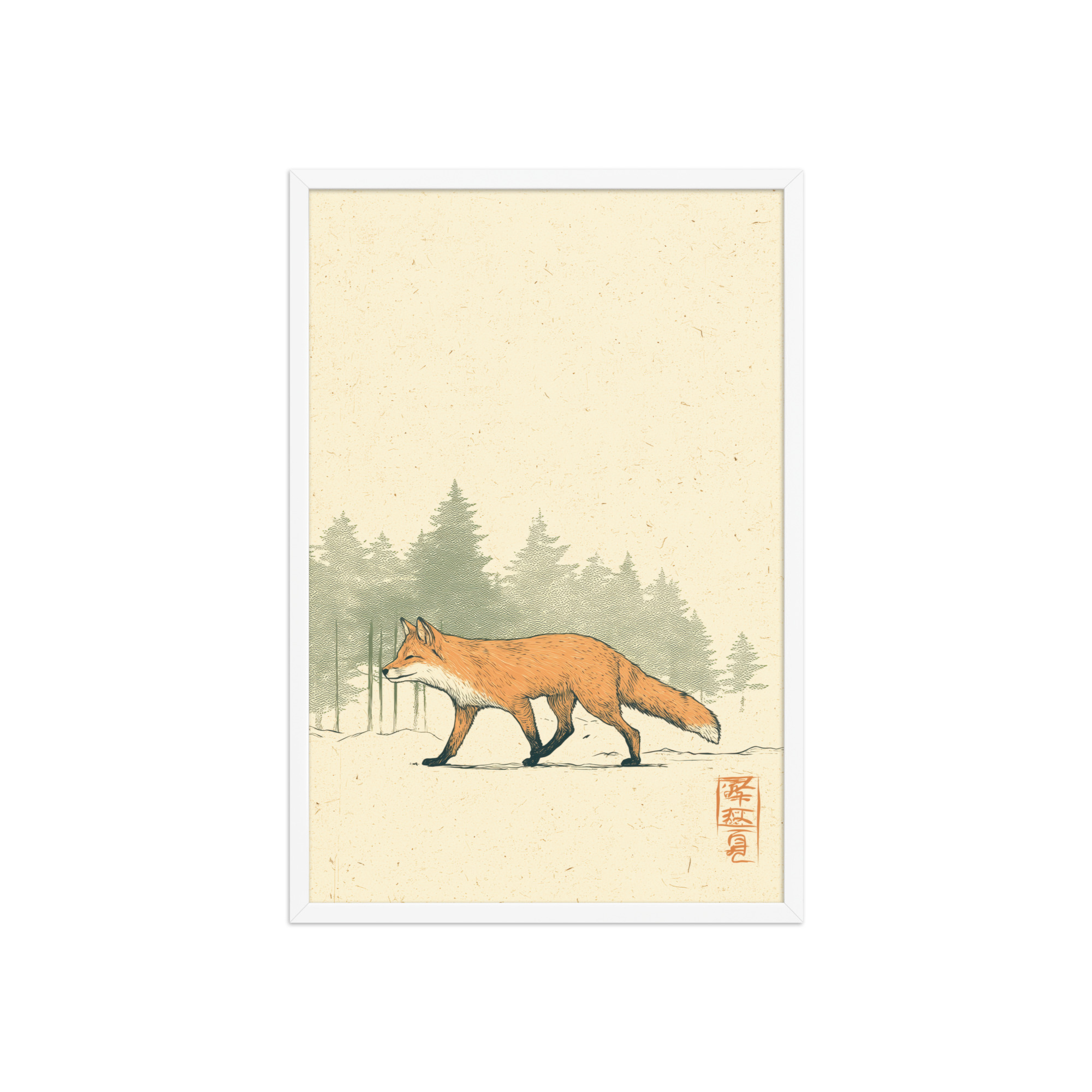 enhanced-matte-paper-framed-poster-in-white-20x30-front-68f9031fd07d3.jpg Fox in Pines — Red Fox Illustration on Textured Paper Wall Decor — Framed Poster - Image 23