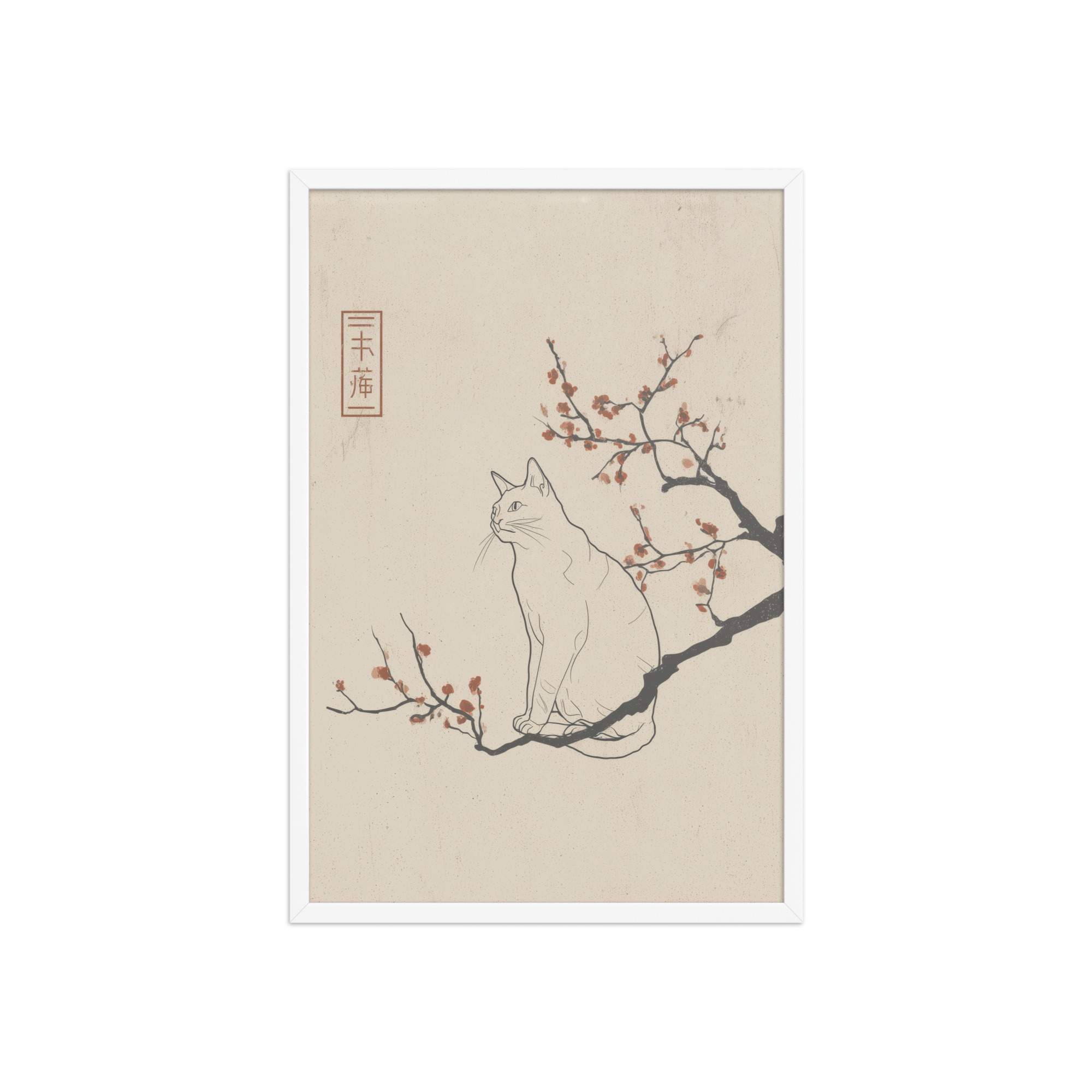 enhanced-matte-paper-framed-poster-in-white-20x30-front-68f906824a114.jpg Cat with Blossoms — Minimalist Cat on Plum Branch Wall Art — Framed Poster - Image 20