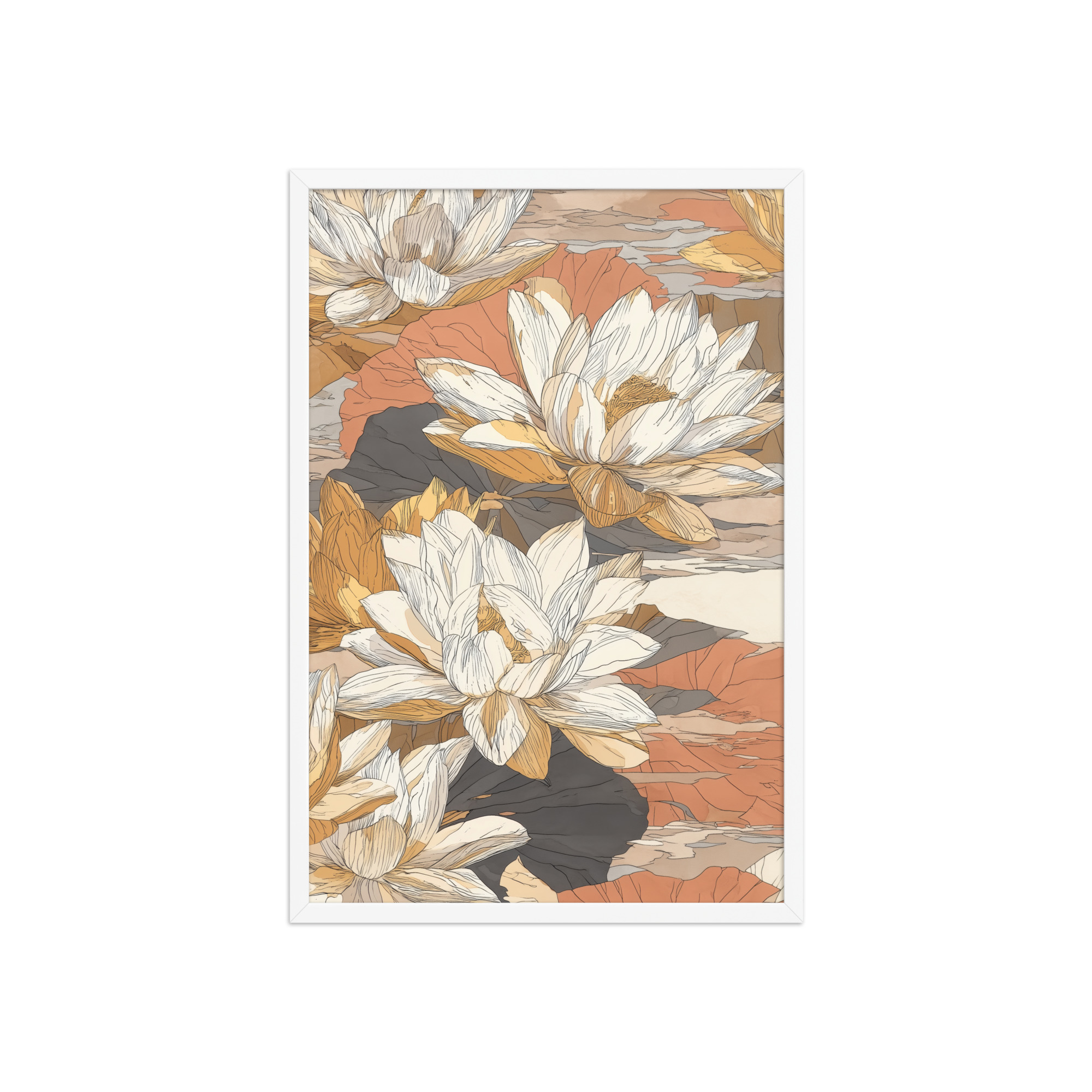 enhanced-matte-paper-framed-poster-in-white-20x30-front-68f922f462100.jpg Lotus Blossom Pattern — Warm Terracotta Floral Wall Art — Framed Poster - Image 20
