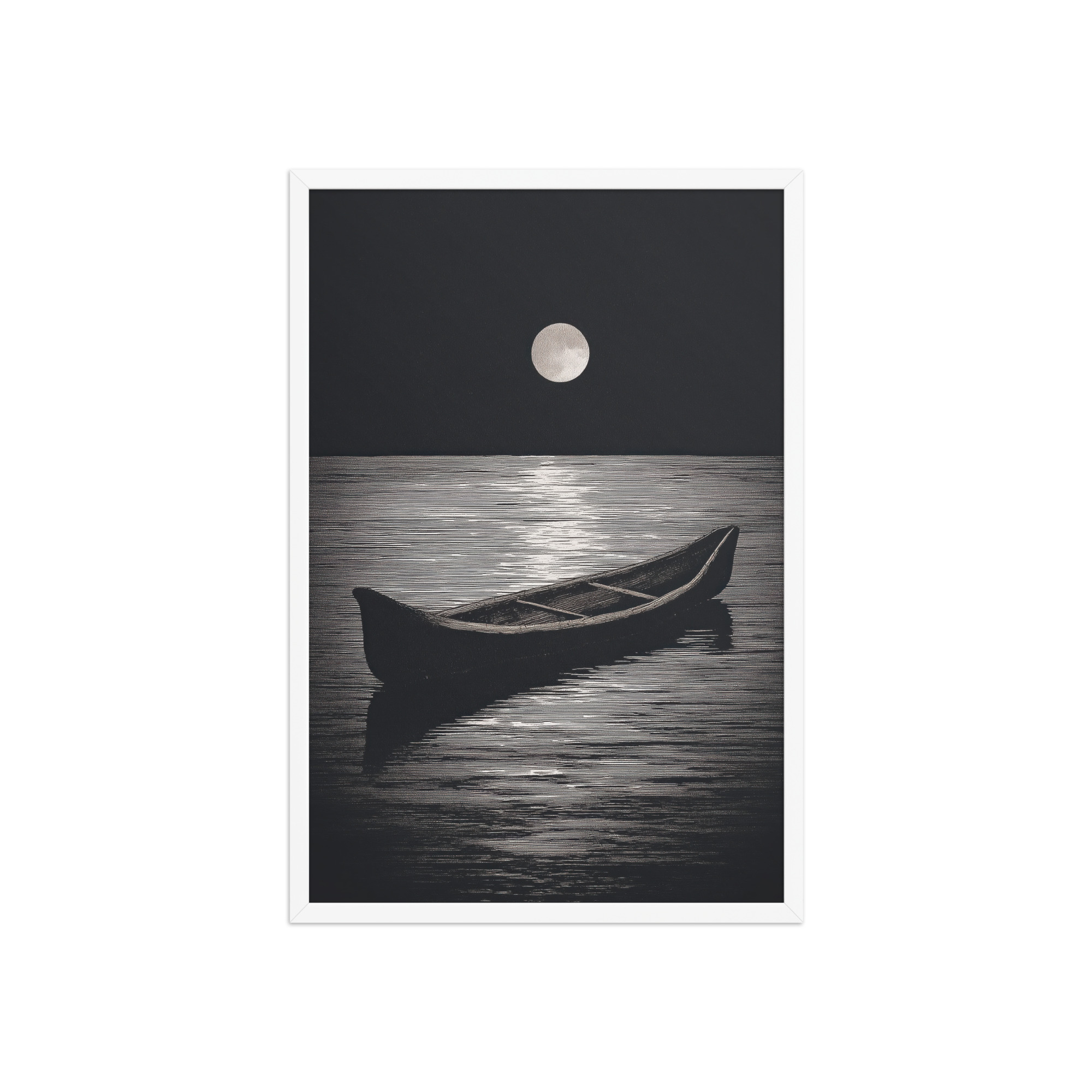 enhanced-matte-paper-framed-poster-in-white-20x30-front-68f9d0a4e606a.jpg Moonlit Canoe II — Minimal Silver Moon Night Wall Art — Framed Poster - Image 23