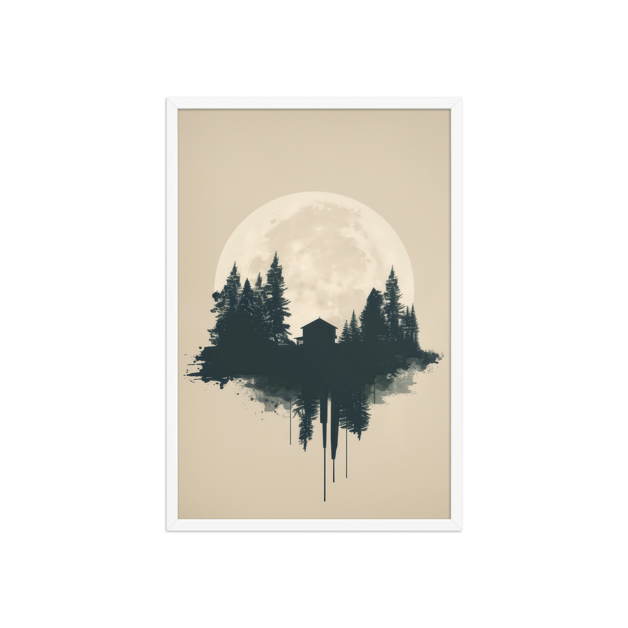 enhanced-matte-paper-framed-poster-in-white-20x30-front-68f9ff049b146.jpg Full Moon Shelter — Minimalistic Forest House Wall Decor — Framed Poster - Image 17