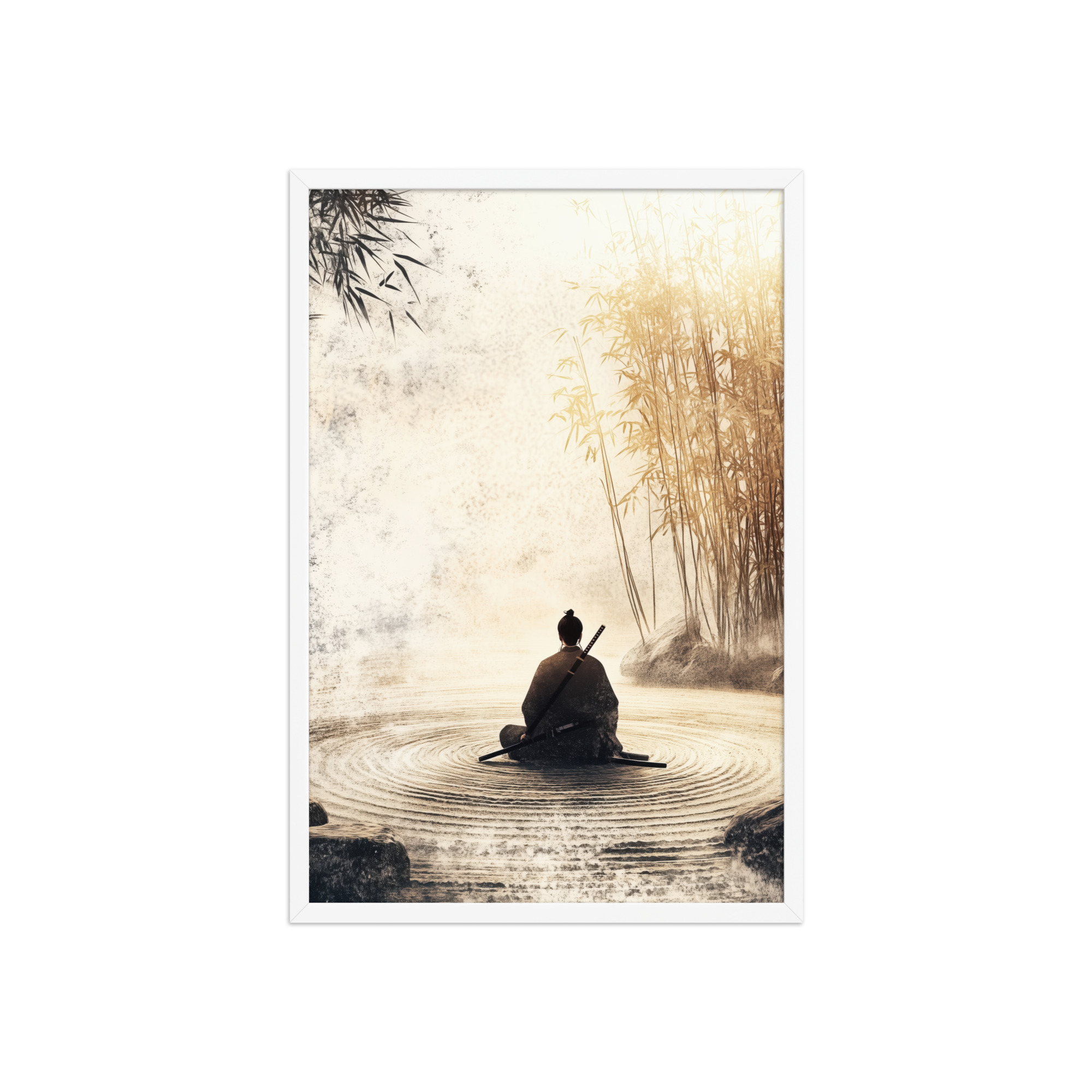 enhanced-matte-paper-framed-poster-in-white-20x30-front-68fa162ed2bc1.jpg Zen Samurai in Bamboo Light – Neutral Sumi-e Ink Samurai Meditation Wall Art – Framed Poster - Image 17