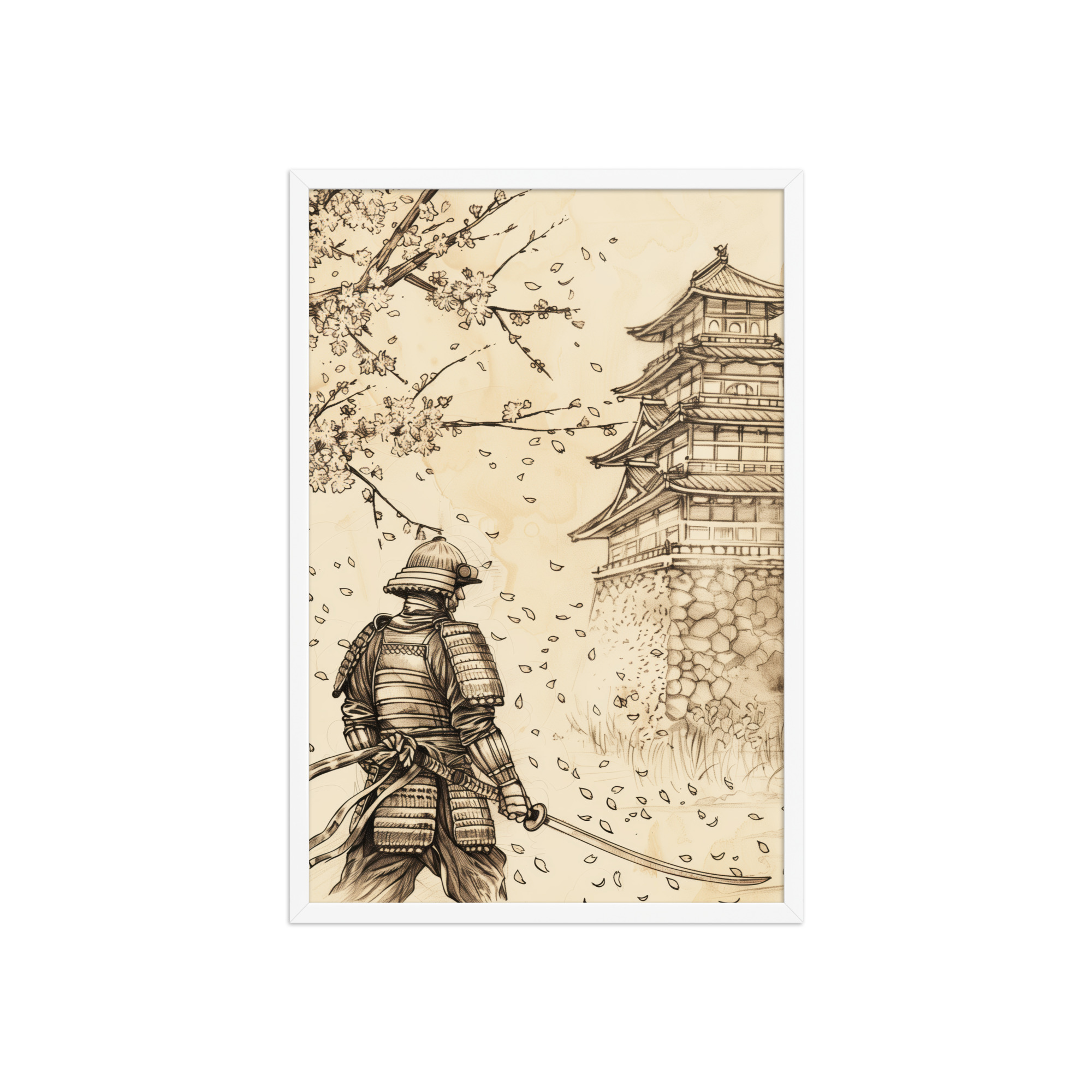 enhanced-matte-paper-framed-poster-in-white-20x30-front-68fa21f402603.jpg Samurai Under Cherry Blossoms – Castle Breeze and Falling Petals Wall Art – Framed Poster - Image 8