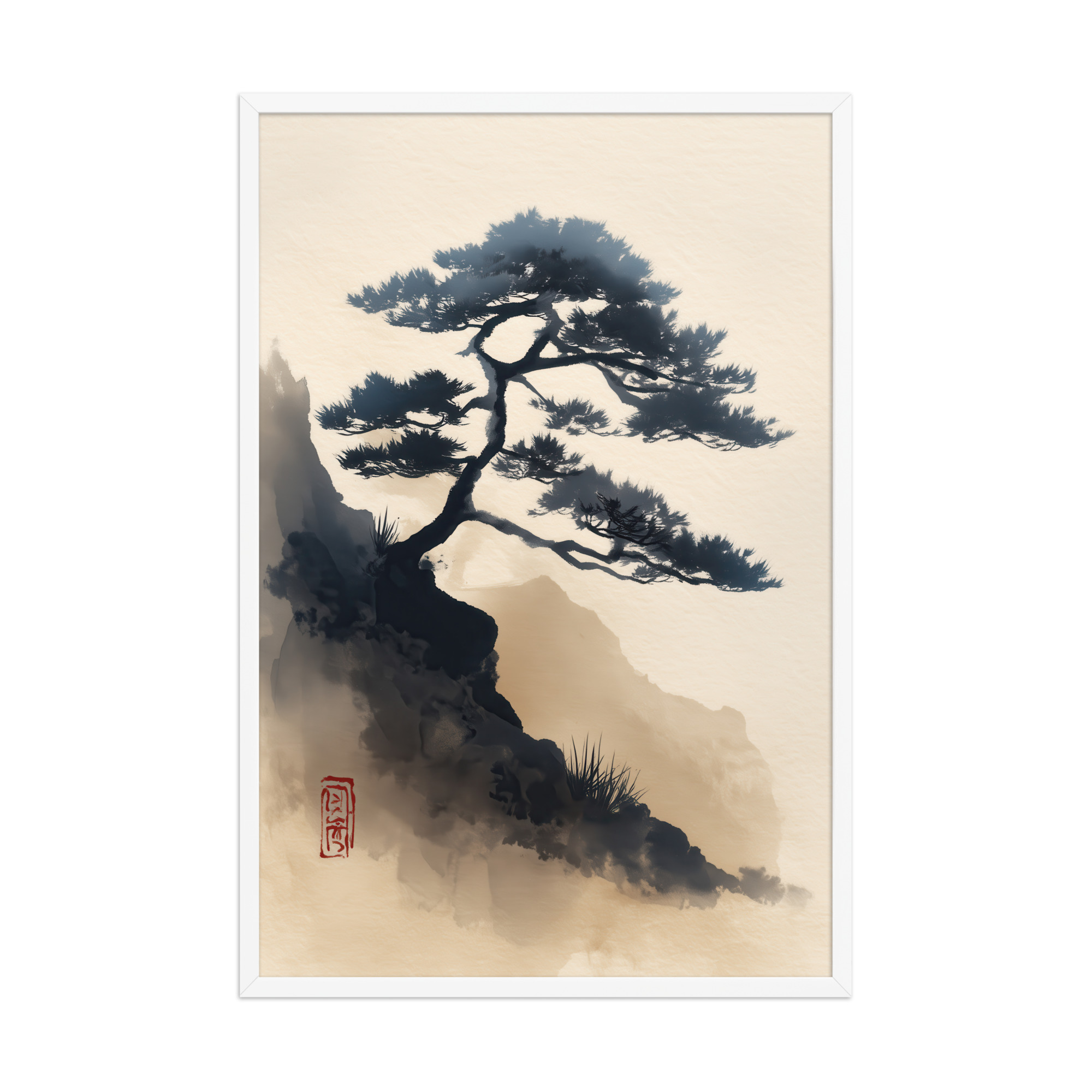 enhanced-matte-paper-framed-poster-in-white-24x36-front-68f87d0d3cdc9.jpg Mountain Pine in Soft Ink — Sumi-e Japanese Landscape Wall Decor — Framed Poster - Image 21