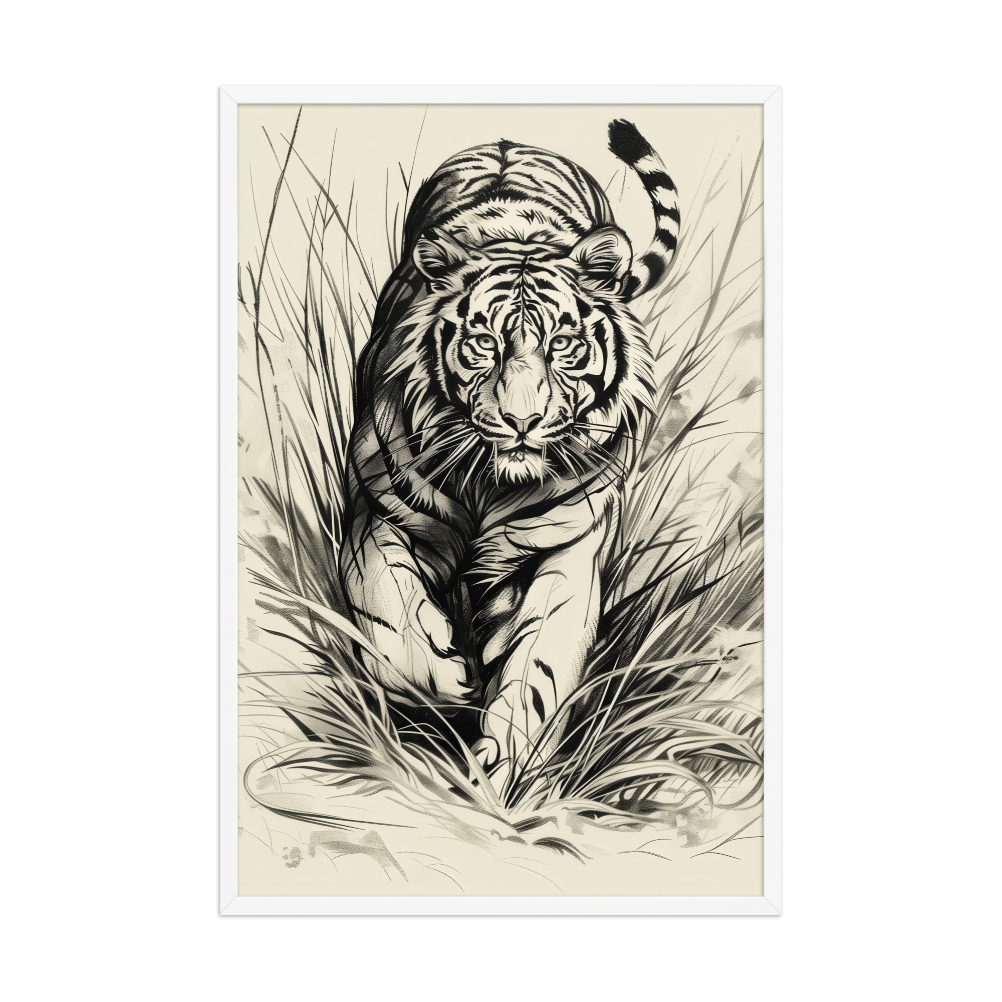 enhanced-matte-paper-framed-poster-in-white-24x36-front-68f89b4893e16.jpg Tiger in Brush — Monochrome Ink Bengal Tiger Wall Art — Framed Poster - Image 12