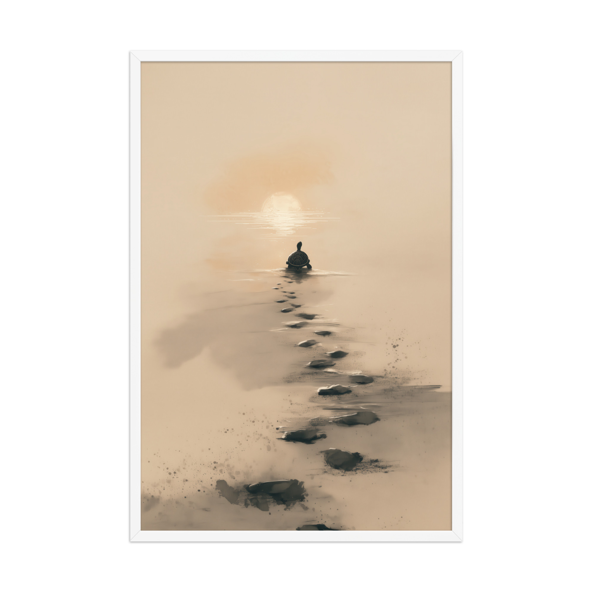 enhanced-matte-paper-framed-poster-in-white-24x36-front-68f8a9c685f96.jpg Turtle Sunset Path — Minimalist Japandi Turtle with Footprints Beach Sunset Wall Decor — Framed Poster - Image 24