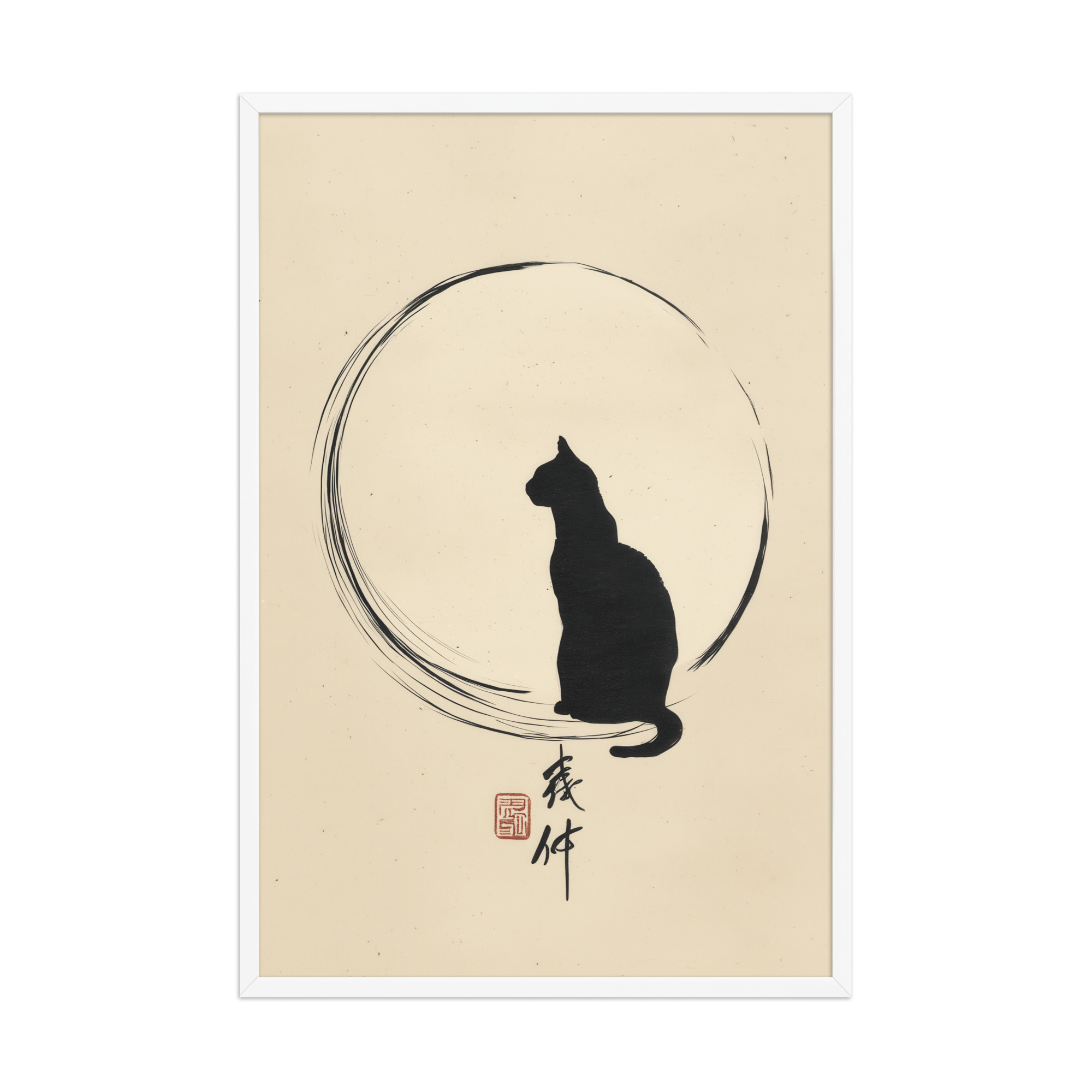 enhanced-matte-paper-framed-poster-in-white-24x36-front-68f8bc8e68477.jpg Moonlit Cat — Minimal Cat with Enso Circle in Black Ink Wall Art — Framed Poster - Image 24