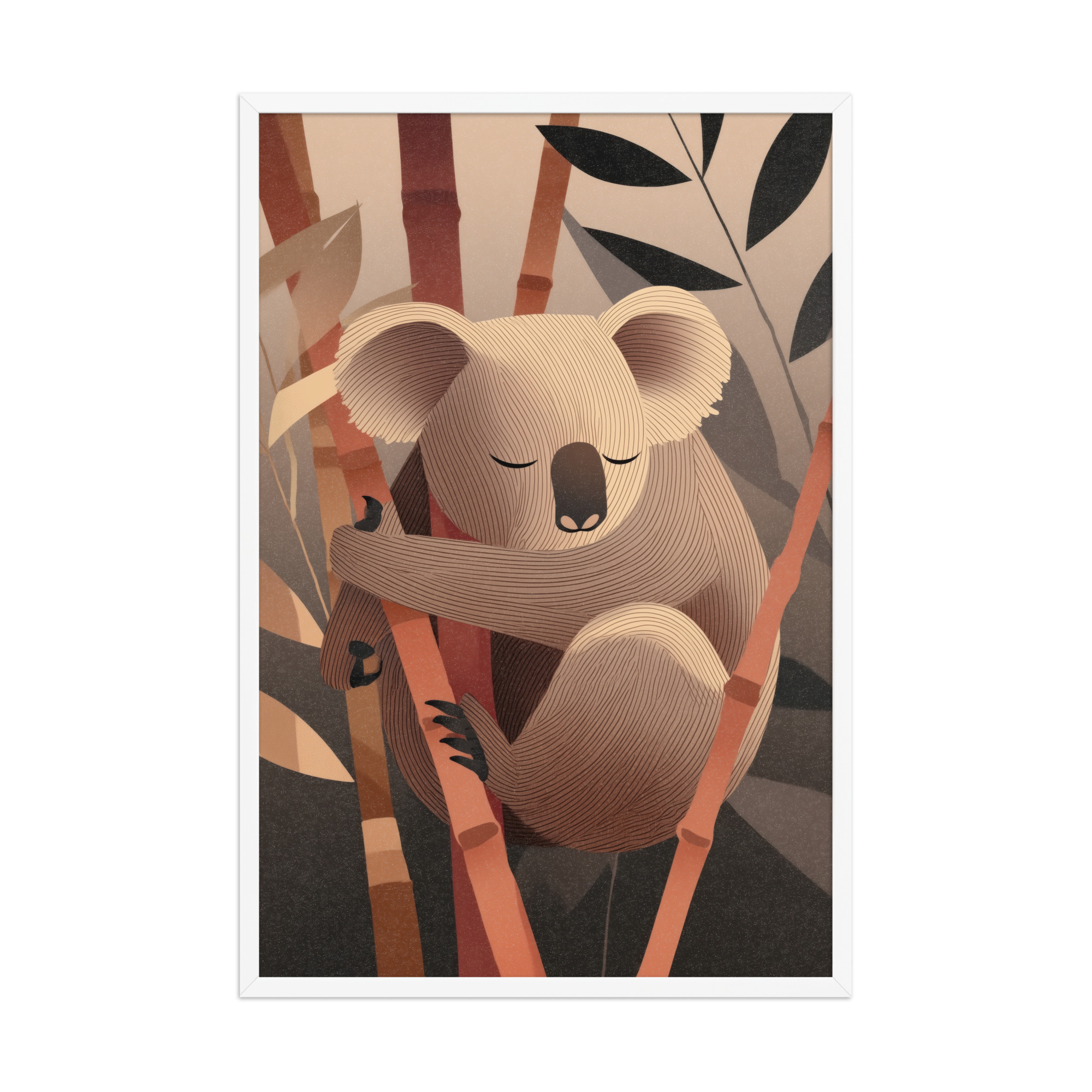 enhanced-matte-paper-framed-poster-in-white-24x36-front-68f8be96466ff.jpg Koala Dreams in Bamboo — Minimal Sleeping Koala in Warm Tones Wall Decor — Framed Poster - Image 24