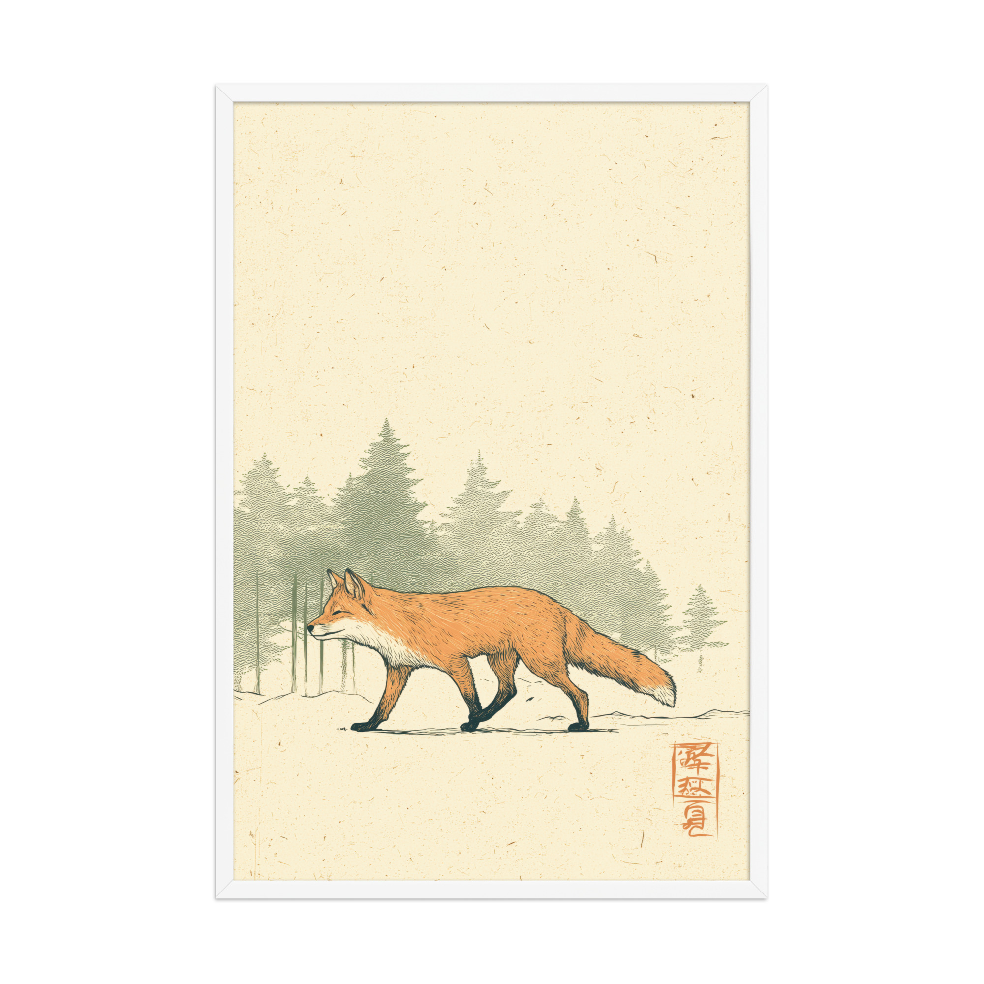 enhanced-matte-paper-framed-poster-in-white-24x36-front-68f9031fd081a.jpg Fox in Pines — Red Fox Illustration on Textured Paper Wall Decor — Framed Poster - Image 24