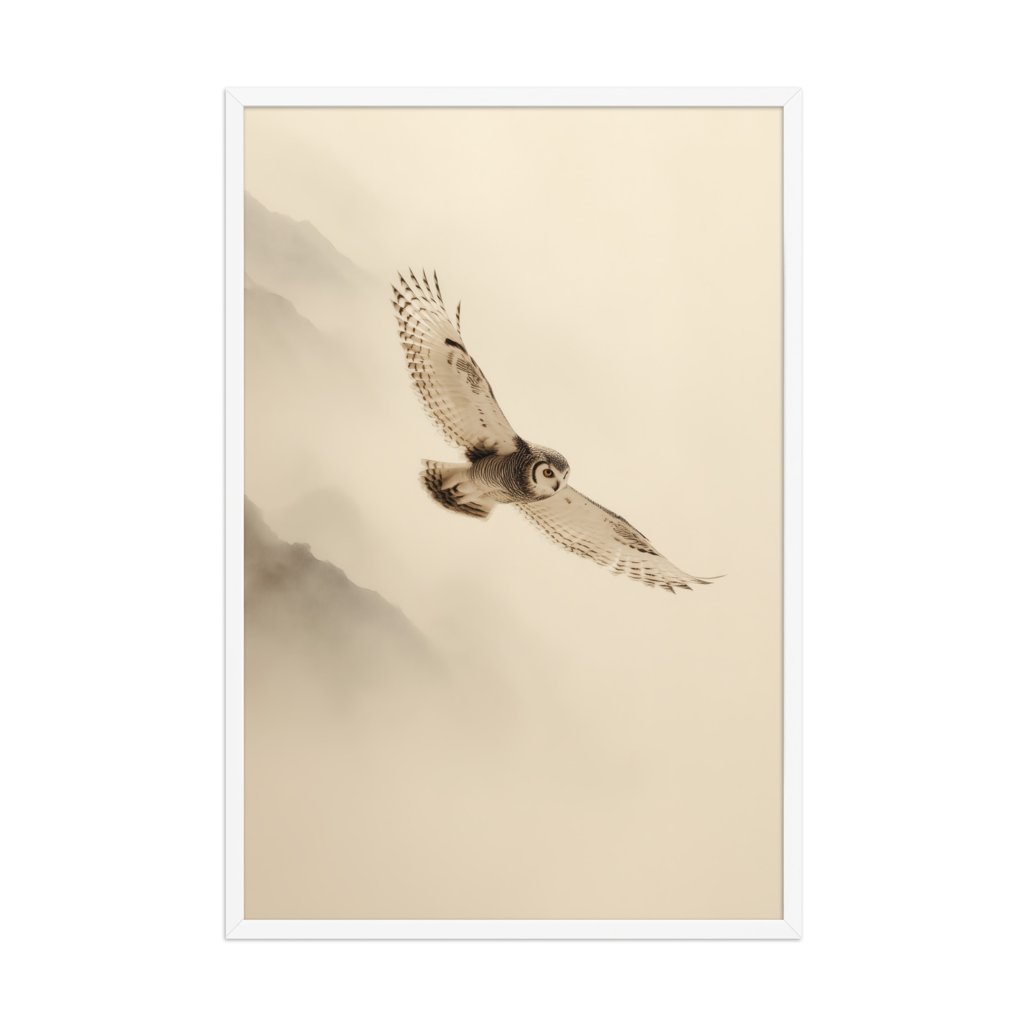 enhanced-matte-paper-framed-poster-in-white-24x36-front-68f904c80e638.jpg Flight Through Mist — Owl in Motion Wildlife Wall Art — Framed Poster - Image 21