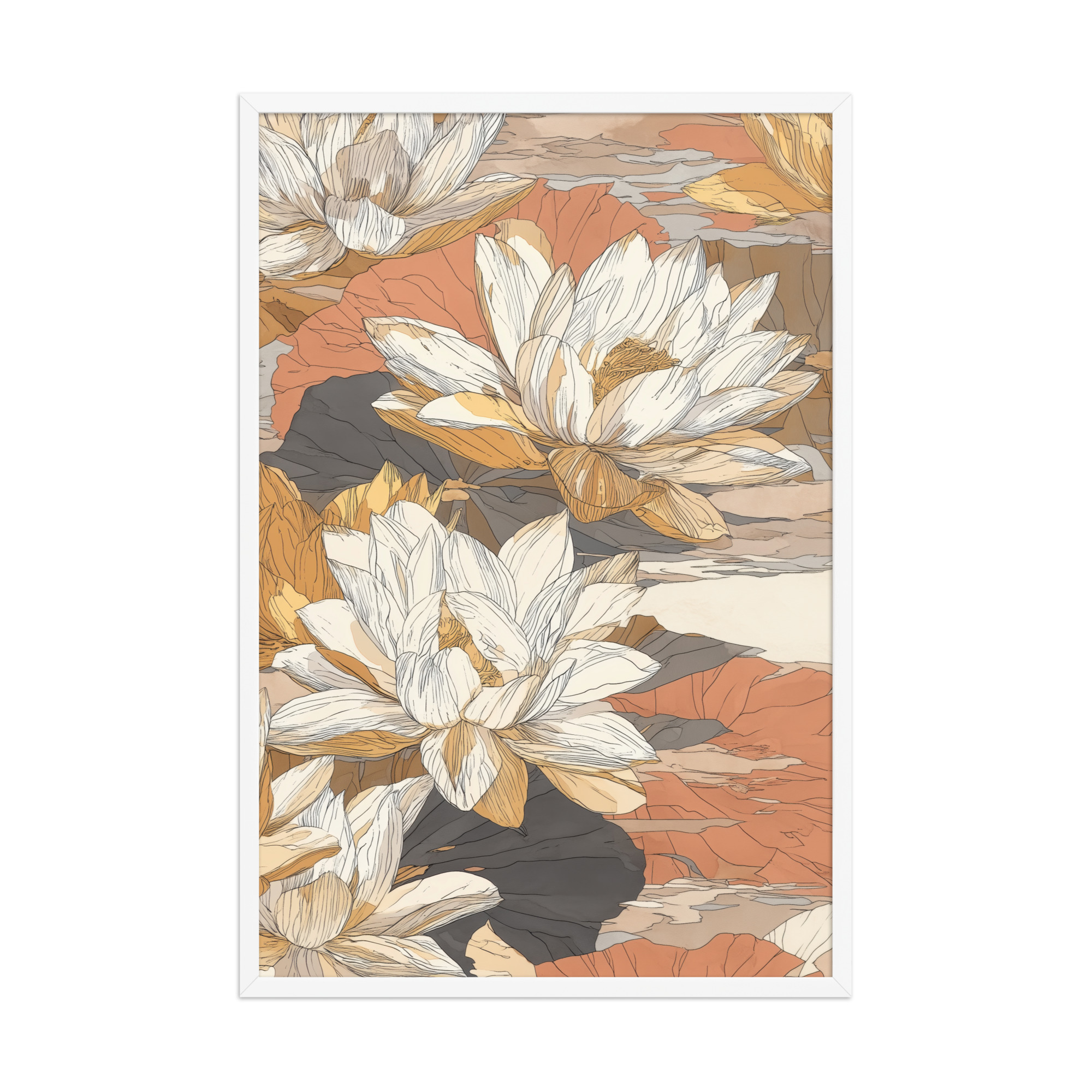 enhanced-matte-paper-framed-poster-in-white-24x36-front-68f922f462144.jpg Lotus Blossom Pattern — Warm Terracotta Floral Wall Art — Framed Poster - Image 21