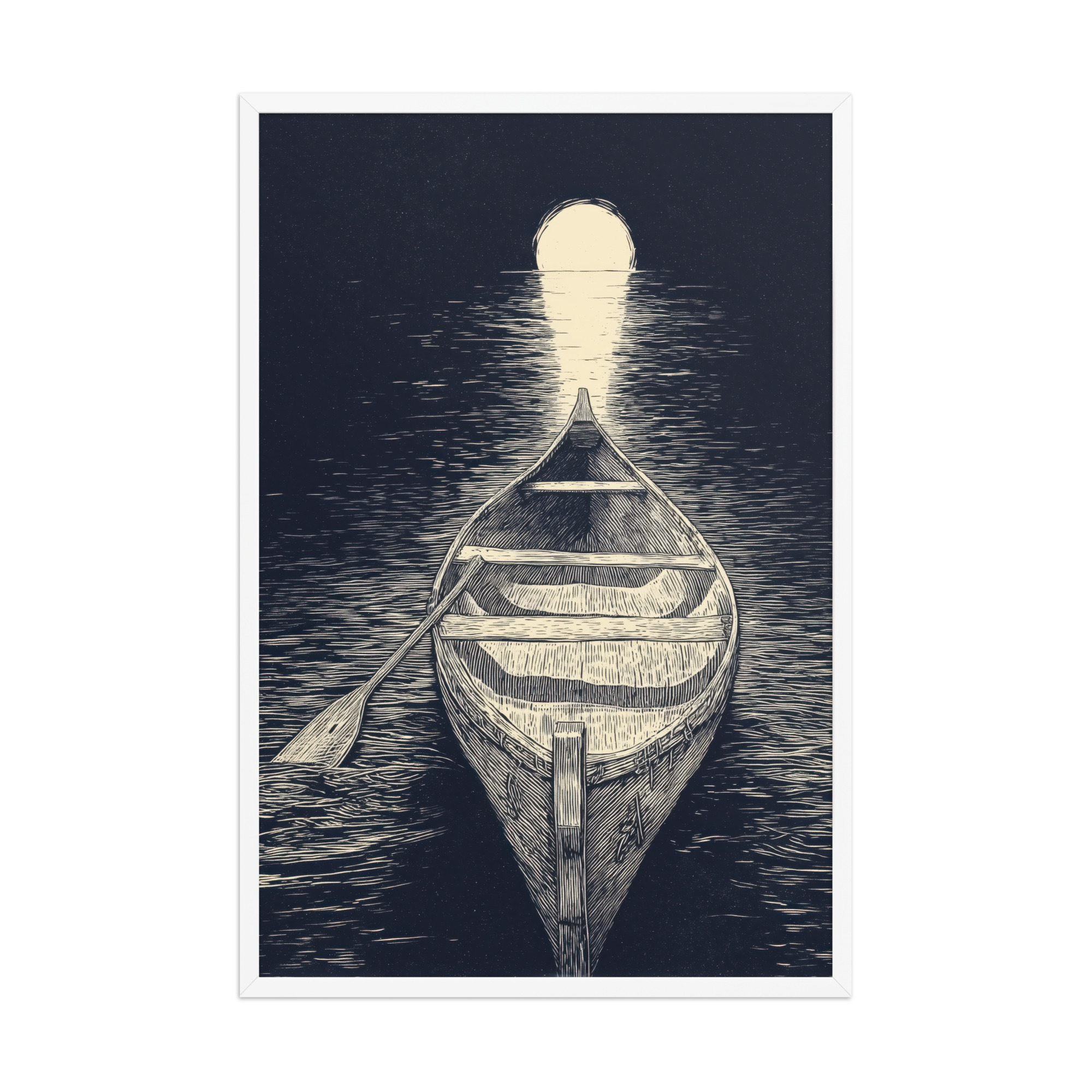 enhanced-matte-paper-framed-poster-in-white-24x36-front-68f9cc5aaaef6.jpg Moonlit Canoe — Woodcut Night Lake Wall Art — Framed Poster - Image 15