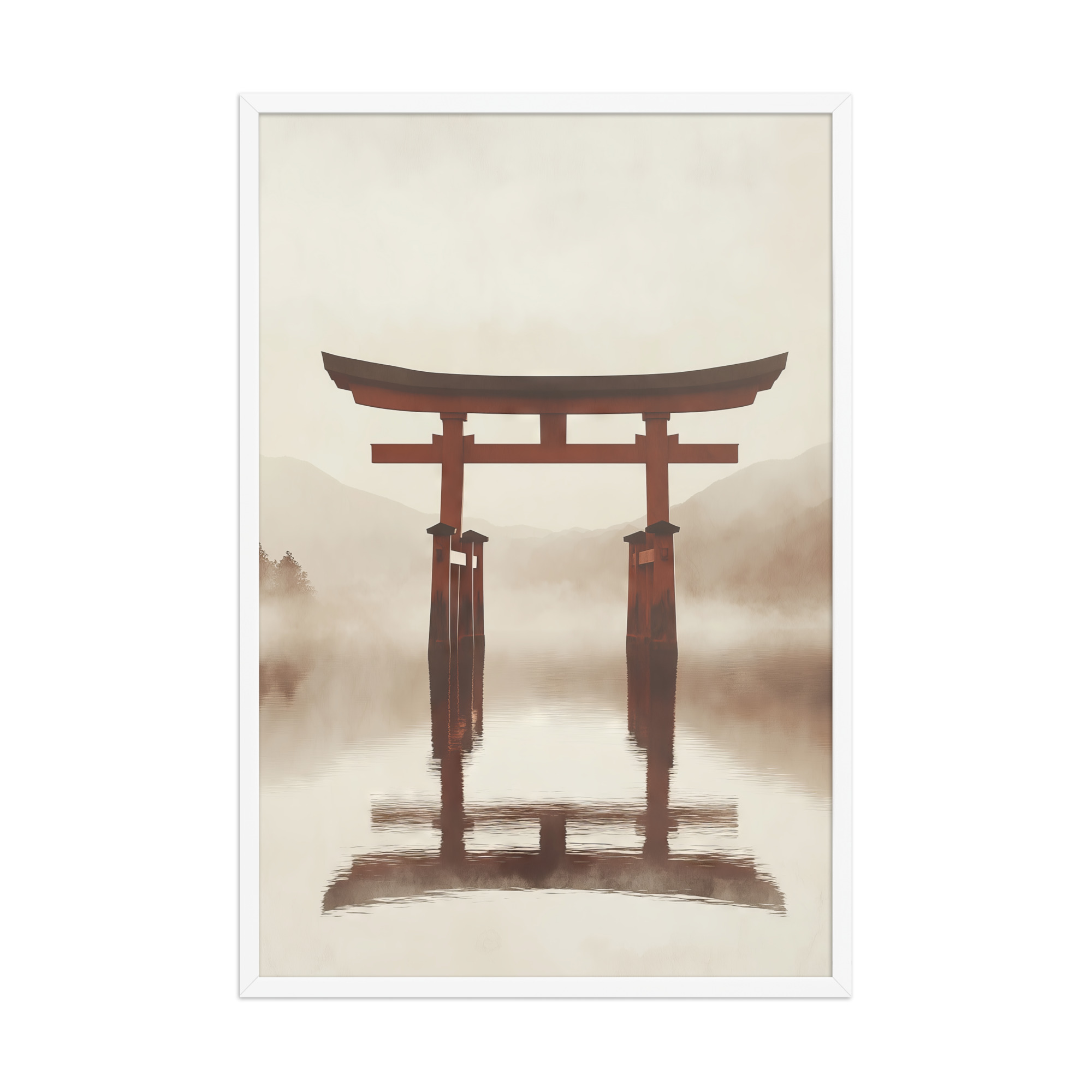 enhanced-matte-paper-framed-poster-in-white-24x36-front-68f9cfe6719a6.jpg Torii Reflections — Minimal Misty Lake Wall Art — Framed Poster - Image 24