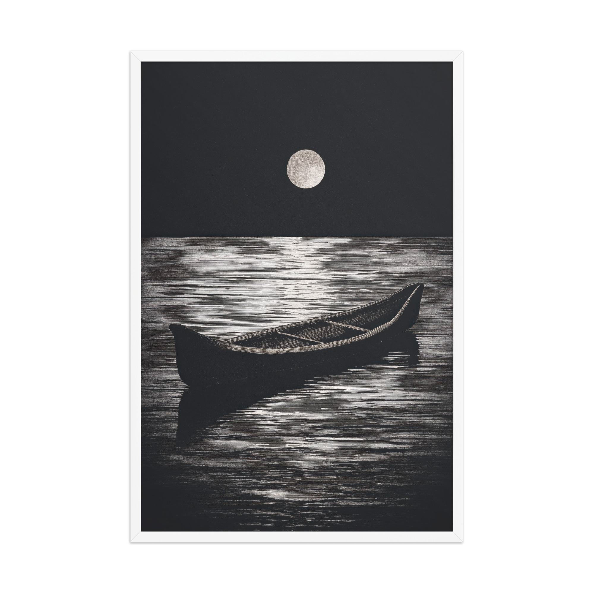 enhanced-matte-paper-framed-poster-in-white-24x36-front-68f9d0a4e60ae.jpg Moonlit Canoe II — Minimal Silver Moon Night Wall Art — Framed Poster - Image 24