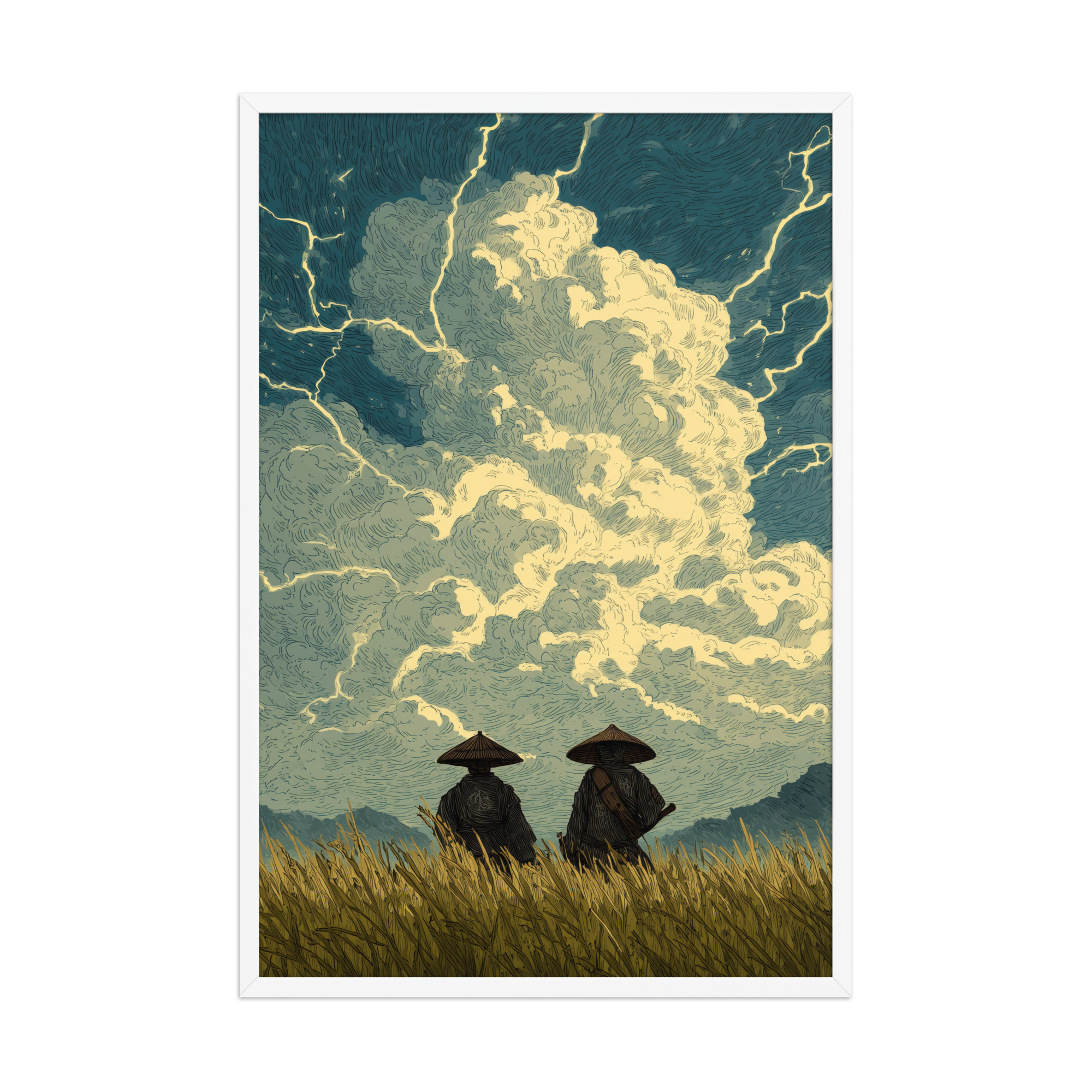 enhanced-matte-paper-framed-poster-in-white-24x36-front-68f9f1a39d7ec.jpg Before the Storm – Ukiyo-e Samurai Watchers Landscape Wall Art – Framed Poster - Image 21