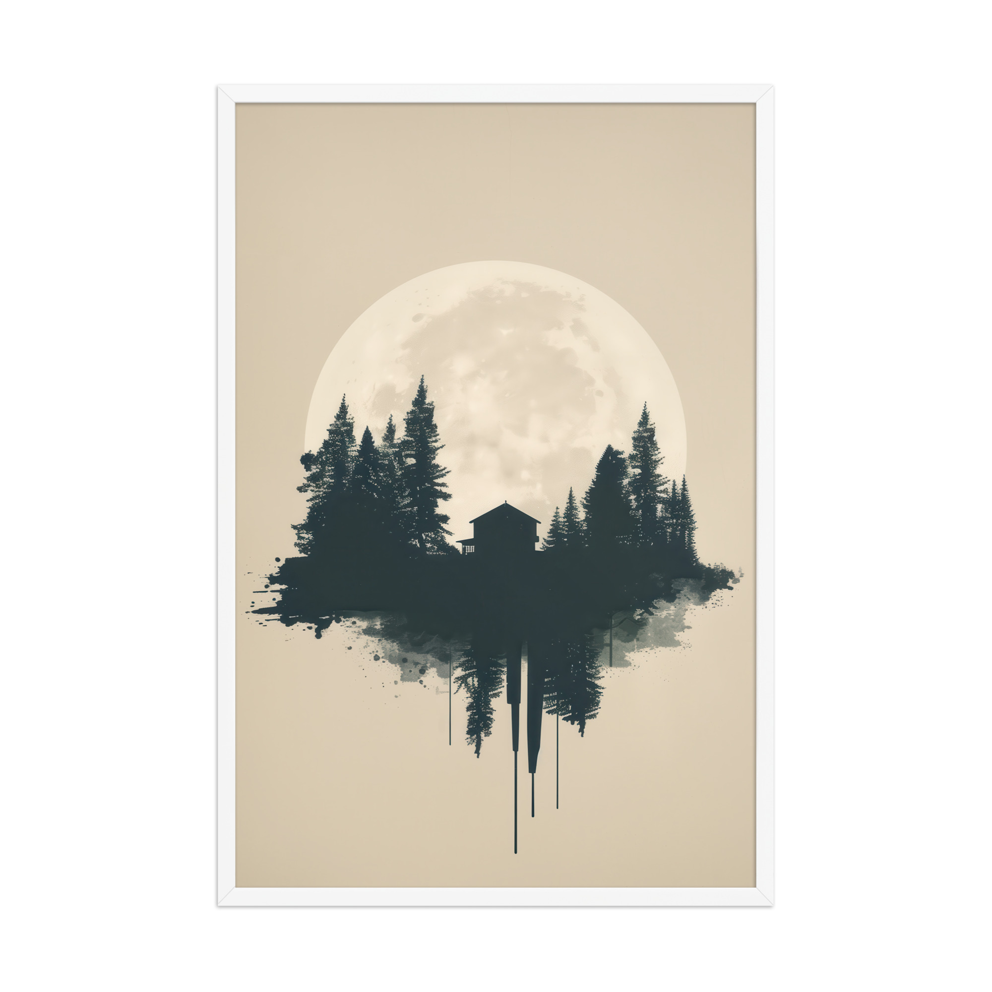 enhanced-matte-paper-framed-poster-in-white-24x36-front-68f9ff049b1b8.jpg Full Moon Shelter — Minimalistic Forest House Wall Decor — Framed Poster - Image 18