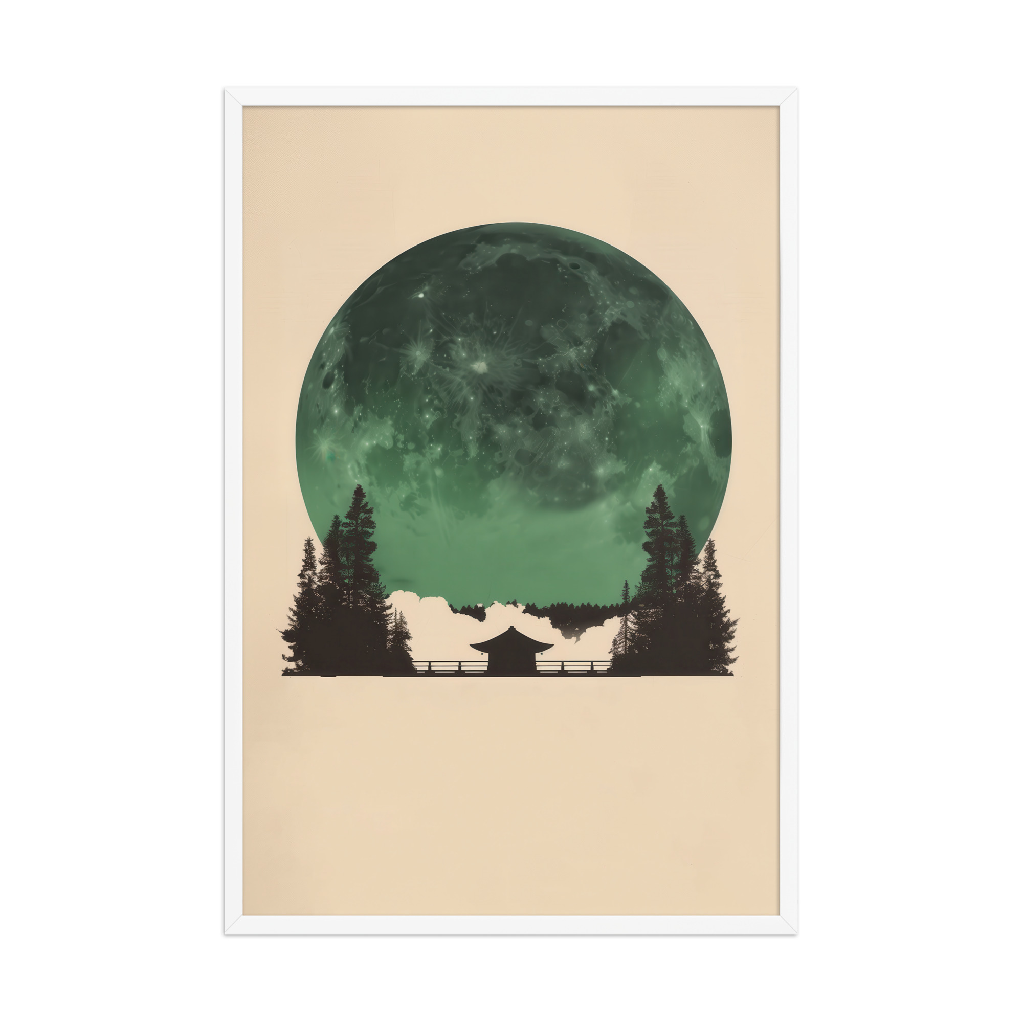 enhanced-matte-paper-framed-poster-in-white-24x36-front-68f9ff10e4f04.jpg Emerald Moon Temple — Japandi Silhouette Wall Art — Framed Poster - Image 24