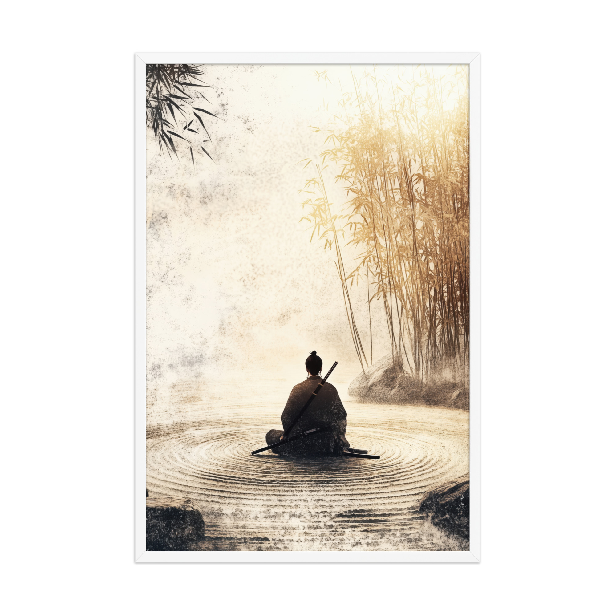 enhanced-matte-paper-framed-poster-in-white-24x36-front-68fa162ed2c0a.jpg Zen Samurai in Bamboo Light – Neutral Sumi-e Ink Samurai Meditation Wall Art – Framed Poster - Image 18