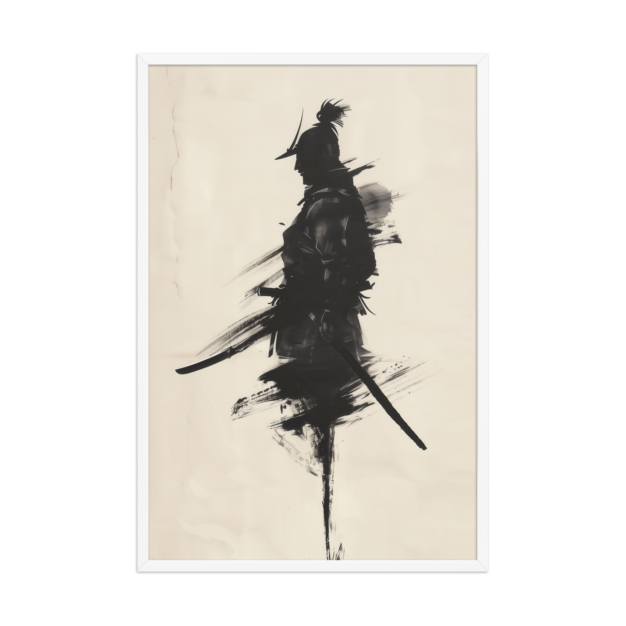 enhanced-matte-paper-framed-poster-in-white-24x36-front-68fa1703530d0.jpg Shadowed Warrior – Sumi-e Silhouette of a Lone Samurai Wall Decor – Framed Poster - Image 24