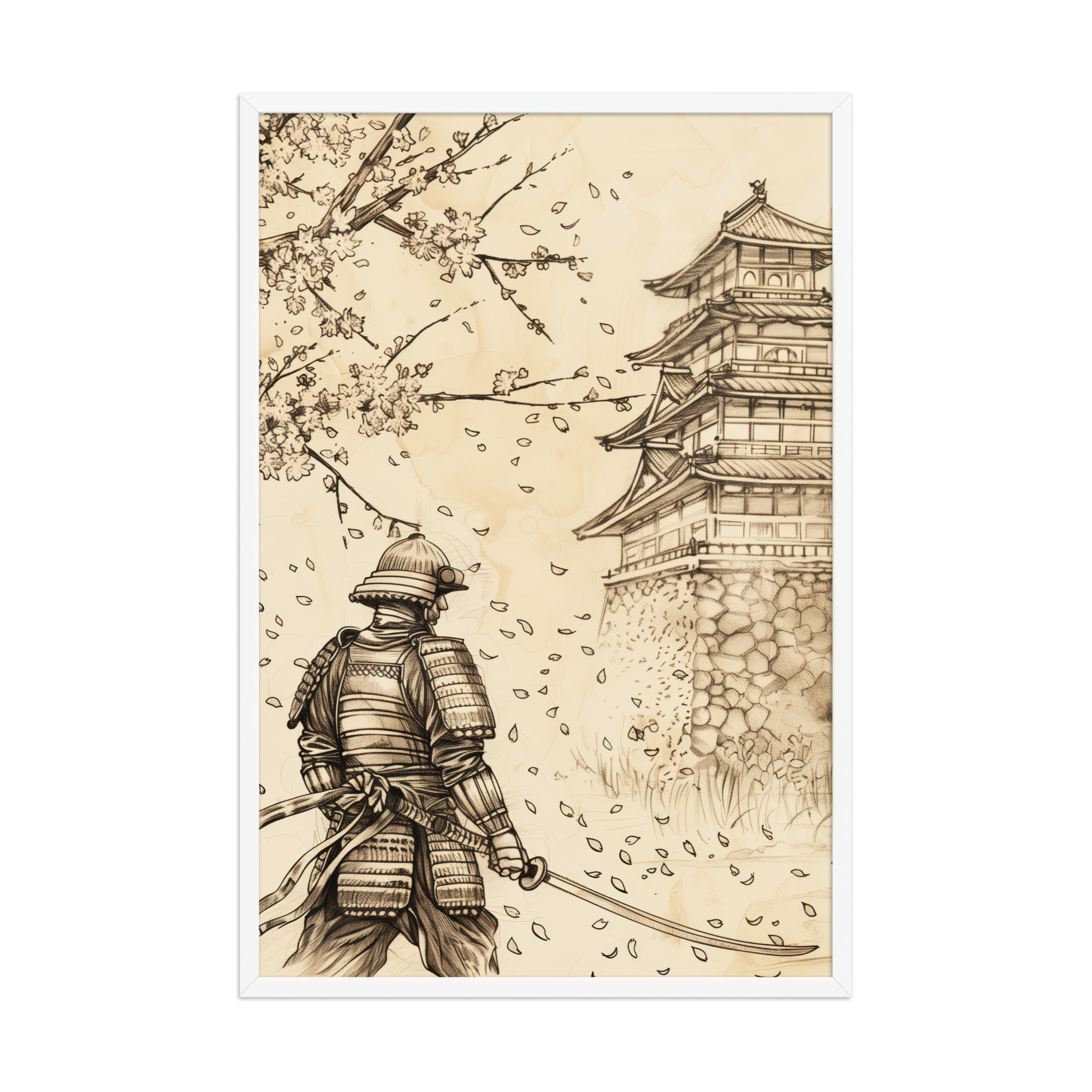enhanced-matte-paper-framed-poster-in-white-24x36-front-68fa21f402647.jpg Samurai Under Cherry Blossoms – Castle Breeze and Falling Petals Wall Art – Framed Poster - Image 9