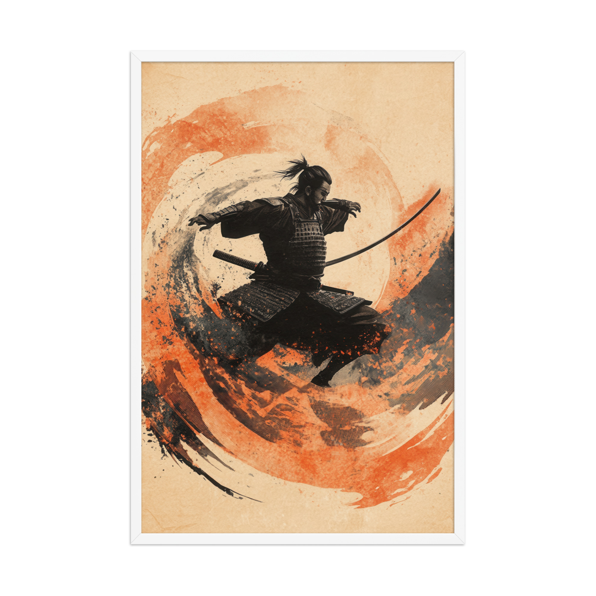 enhanced-matte-paper-framed-poster-in-white-24x36-front-68fa2225ebc46.jpg Samurai Swirl – Brush-Stroke Motion and Warrior Focus Wall Decor – Framed Poster - Image 12