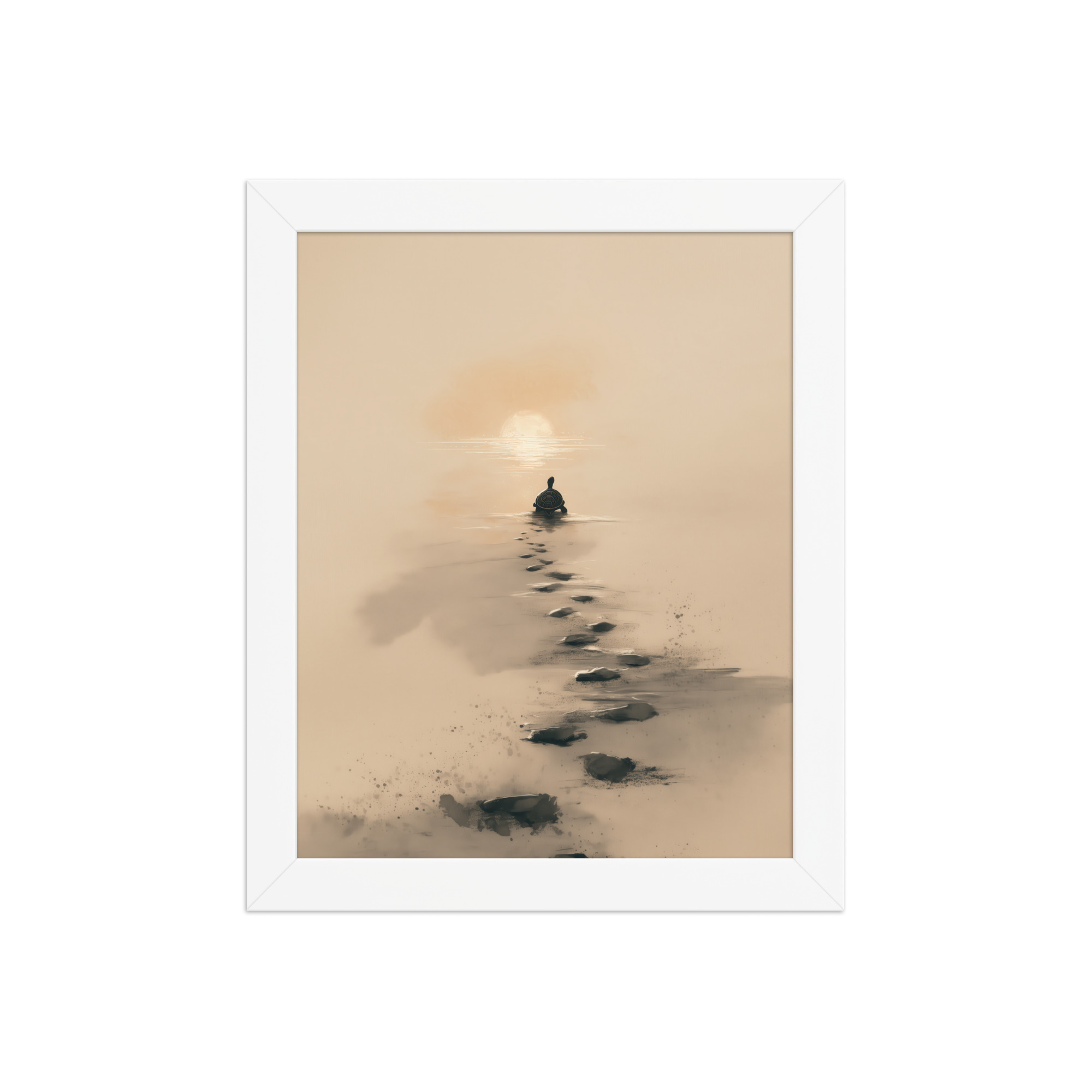 enhanced-matte-paper-framed-poster-in-white-8x10-front-68f8a9c685c1a.jpg Turtle Sunset Path — Minimalist Japandi Turtle with Footprints Beach Sunset Wall Decor — Framed Poster - Image 17