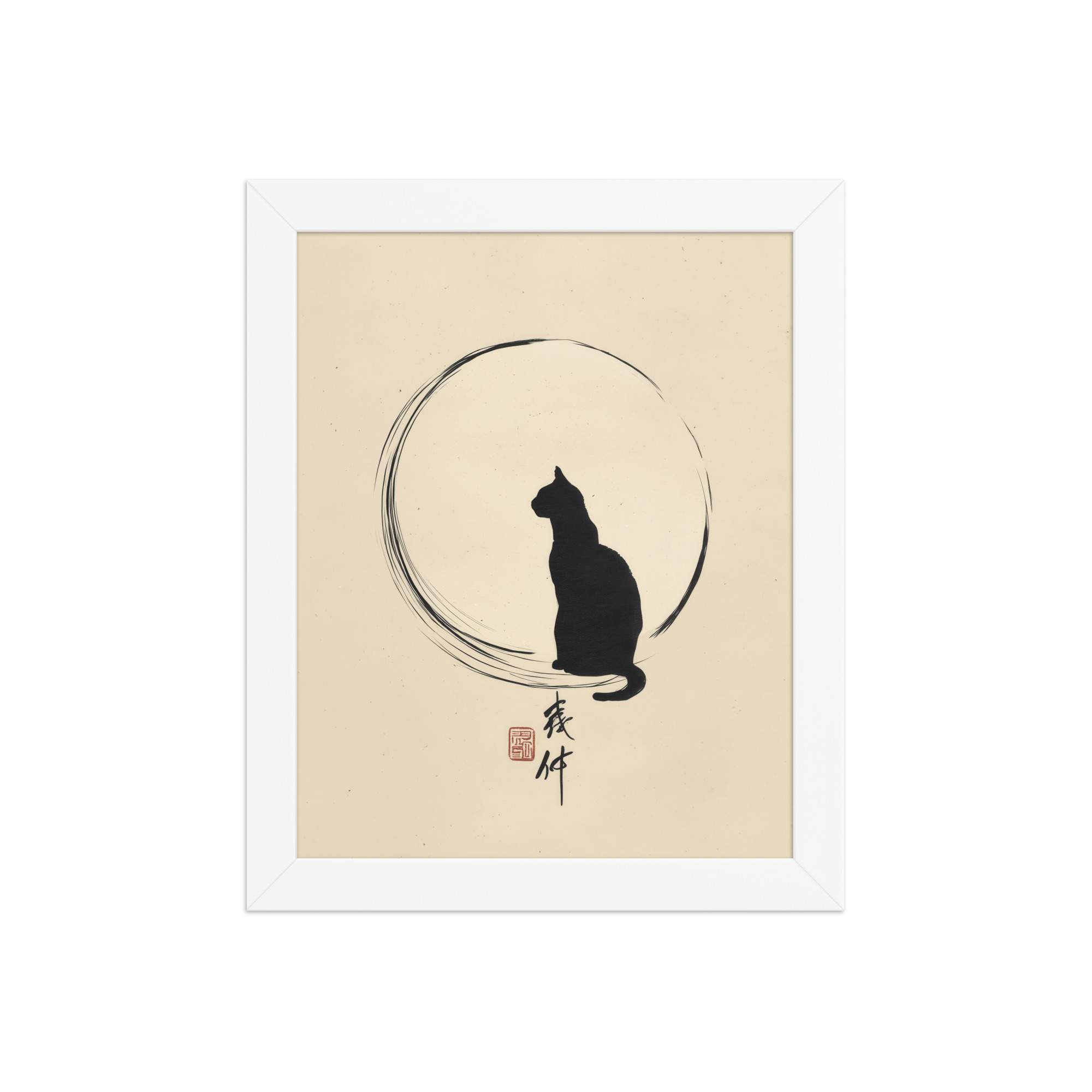 enhanced-matte-paper-framed-poster-in-white-8x10-front-68f8bc8e680b7.jpg Moonlit Cat — Minimal Cat with Enso Circle in Black Ink Wall Art — Framed Poster - Image 17