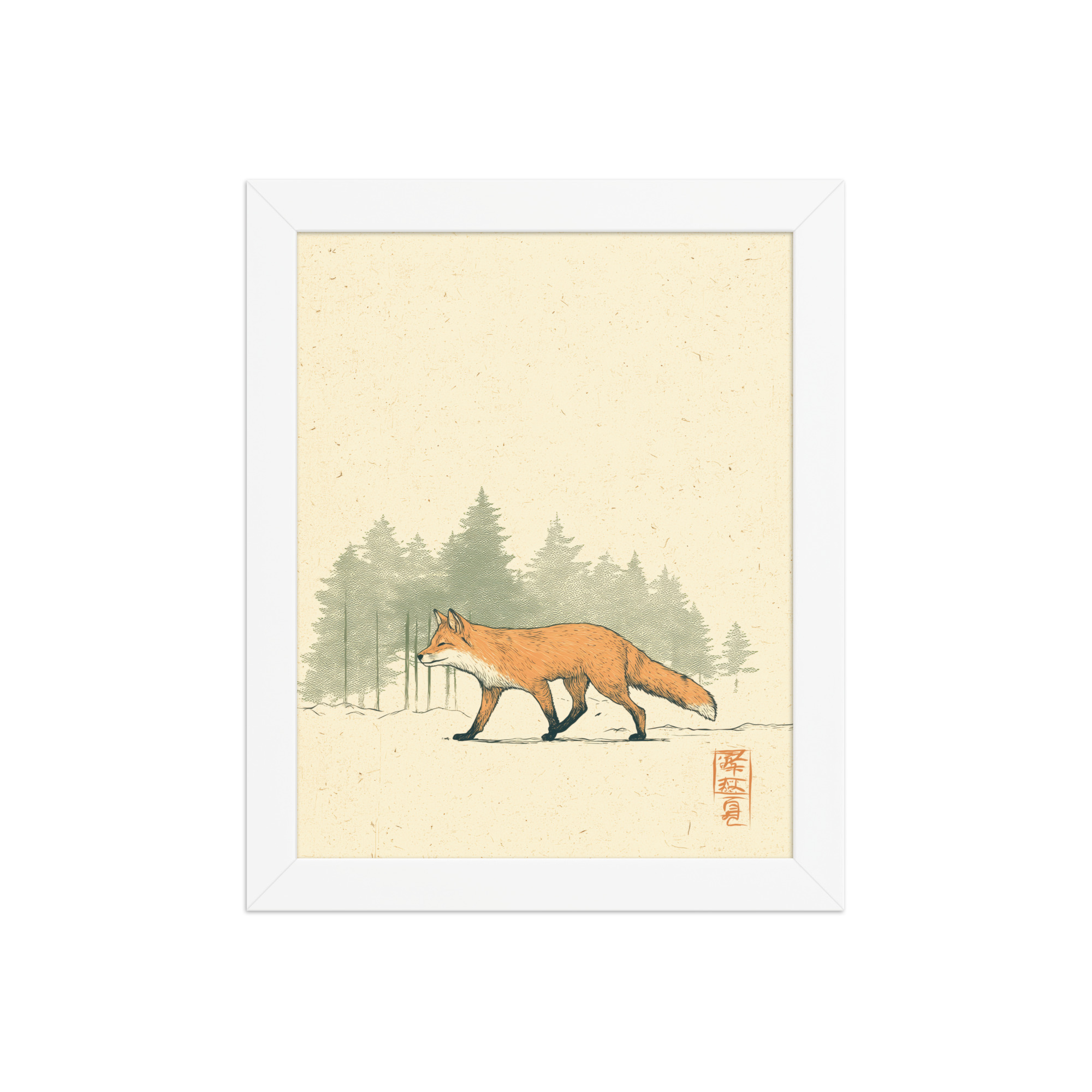 enhanced-matte-paper-framed-poster-in-white-8x10-front-68f9031fd045e.jpg Fox in Pines — Red Fox Illustration on Textured Paper Wall Decor — Framed Poster - Image 17