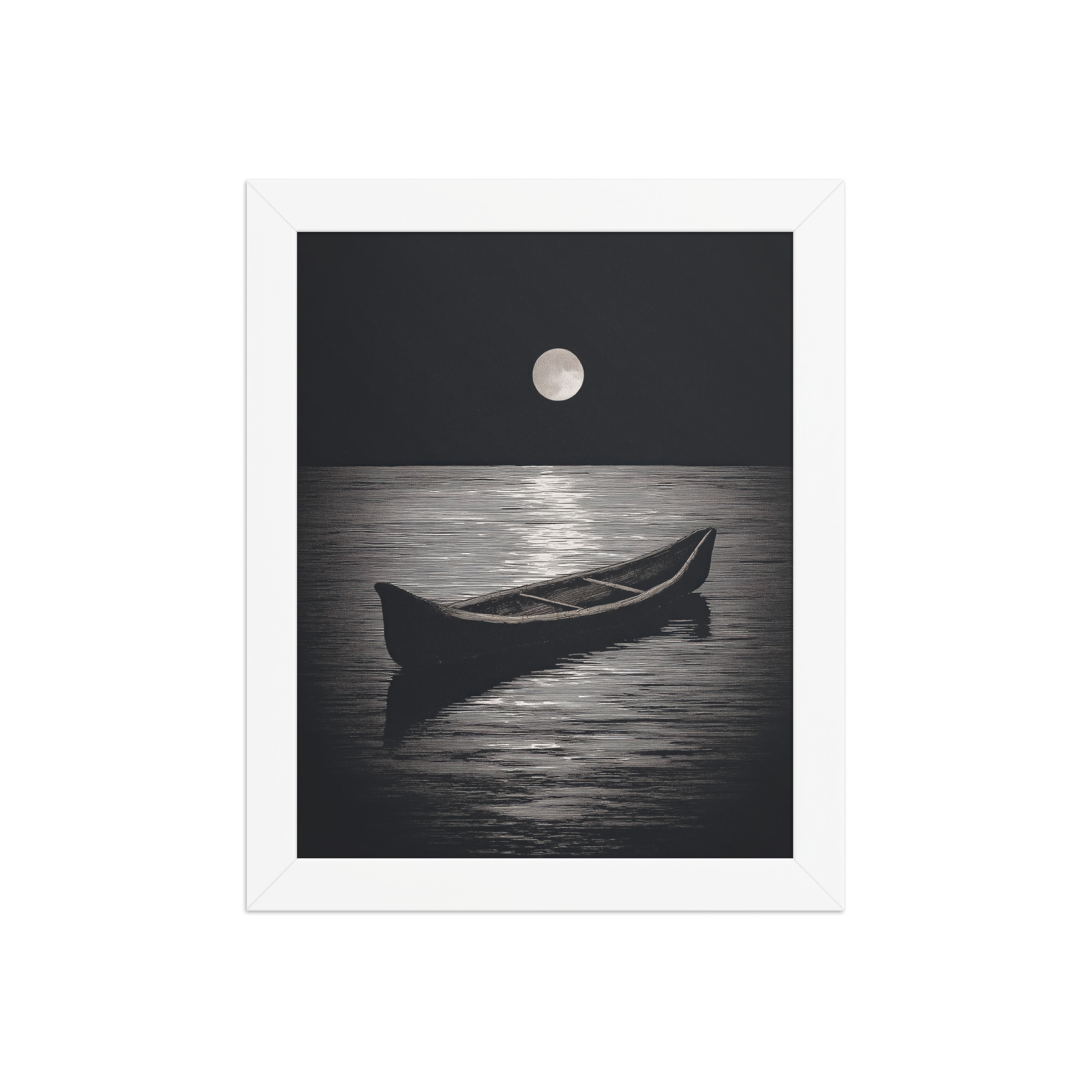 enhanced-matte-paper-framed-poster-in-white-8x10-front-68f9d0a4e5d32.jpg Moonlit Canoe II — Minimal Silver Moon Night Wall Art — Framed Poster - Image 17